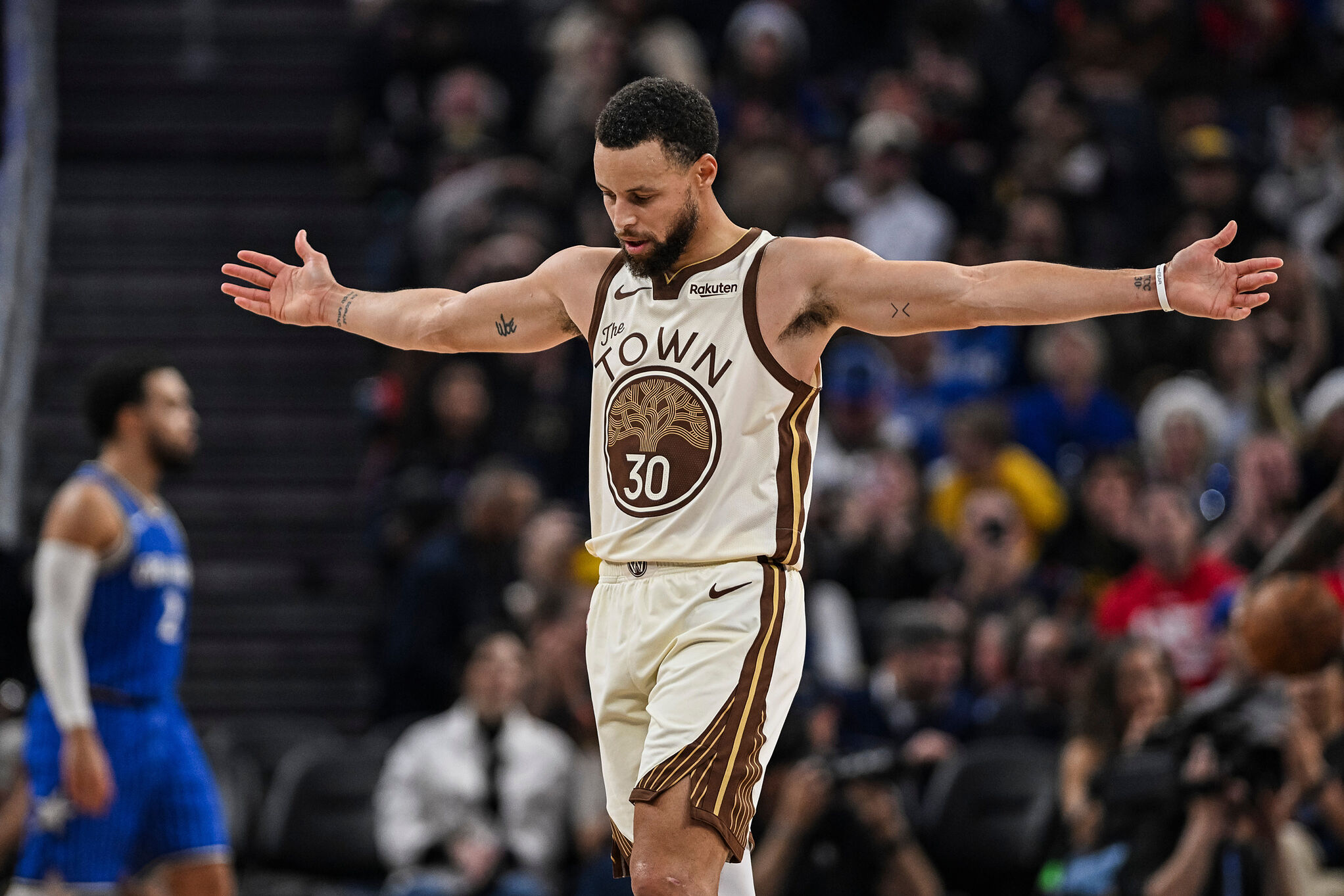 Golden State Warriors guard Stephen Curry (30) reacts during an NBA basketball game against the Orlando Magic