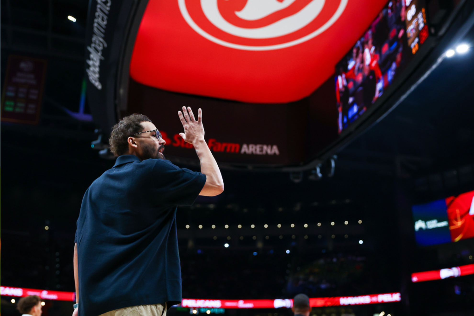 Atlanta Hawks guard Trae Young reacts during the second half of an NBA basketball game against the New Orleans Pelicans
