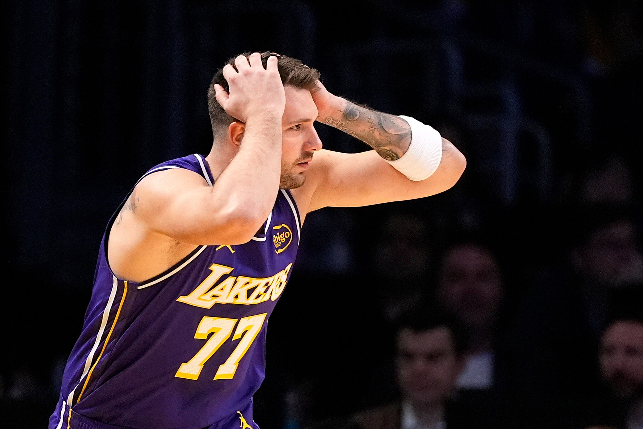 os Angeles Lakers guard Luka Doncic gestures after scoring during the first half of an NBA basketball game against the Milwaukee Bucks