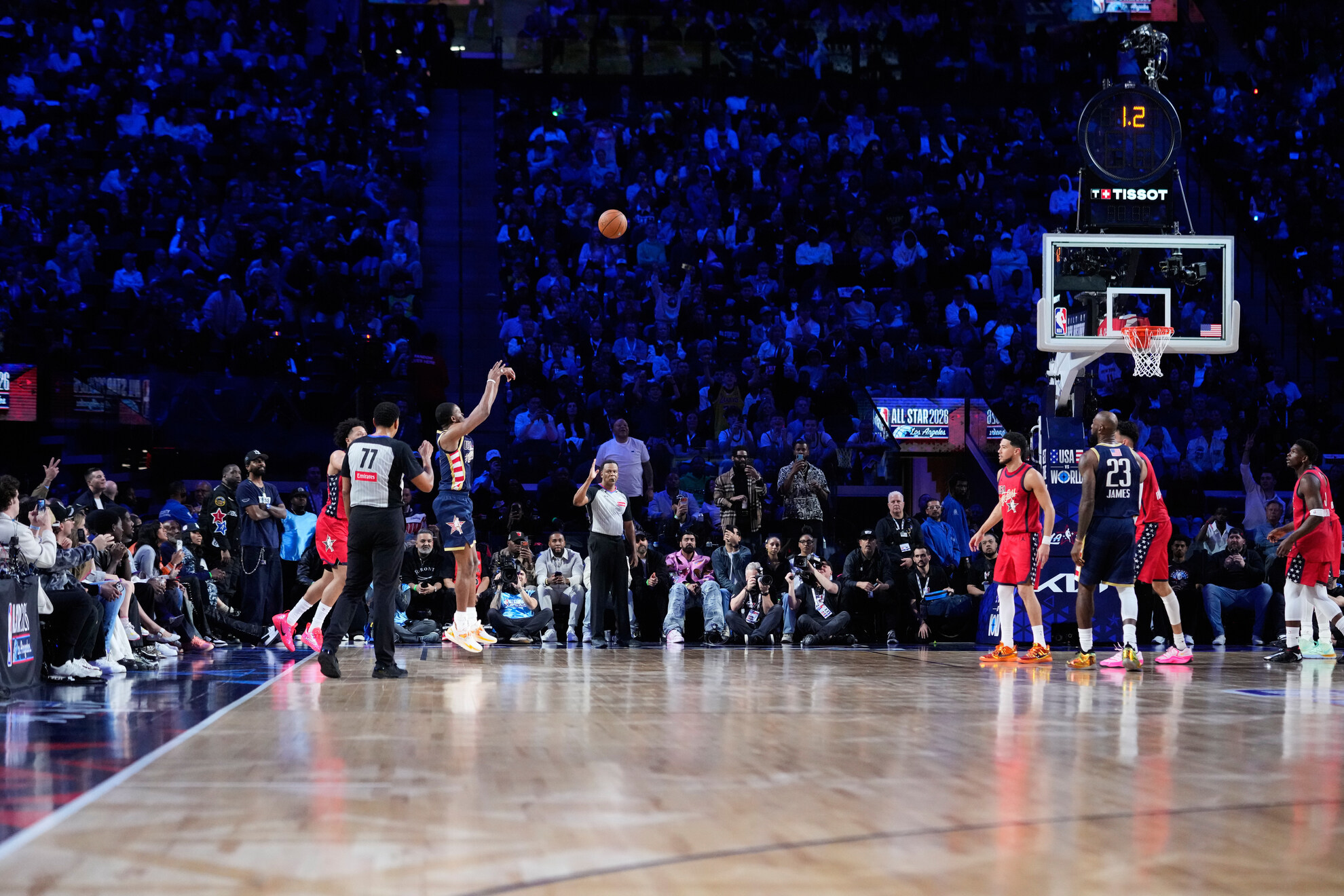 USA Stripes guard De'Aaron Fox makes a basket at the buzzer