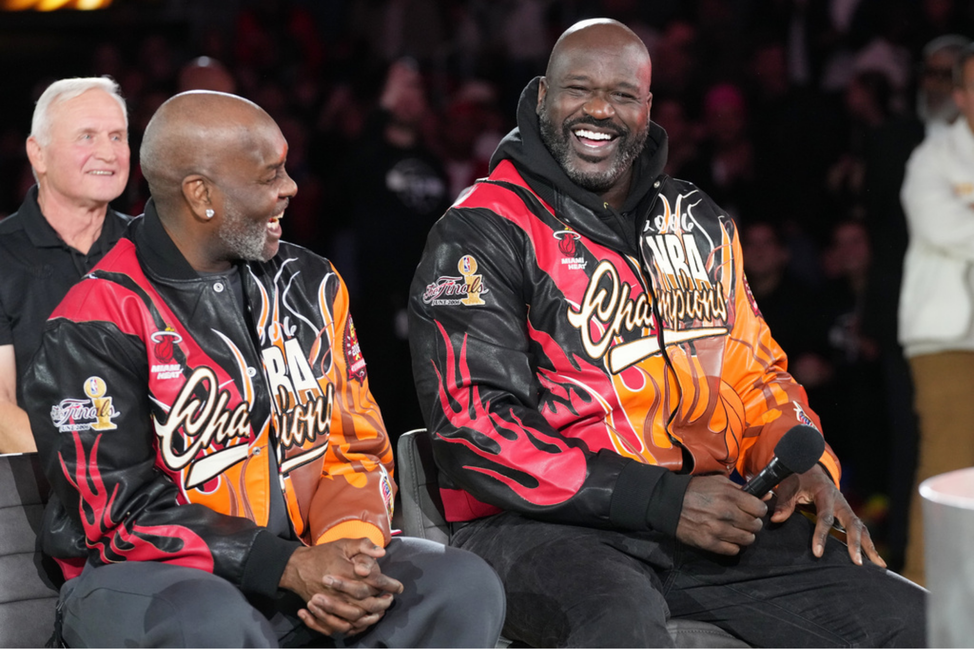 Former Miami Heat players Shaquille O'Neal, right and Gary Payton smiles