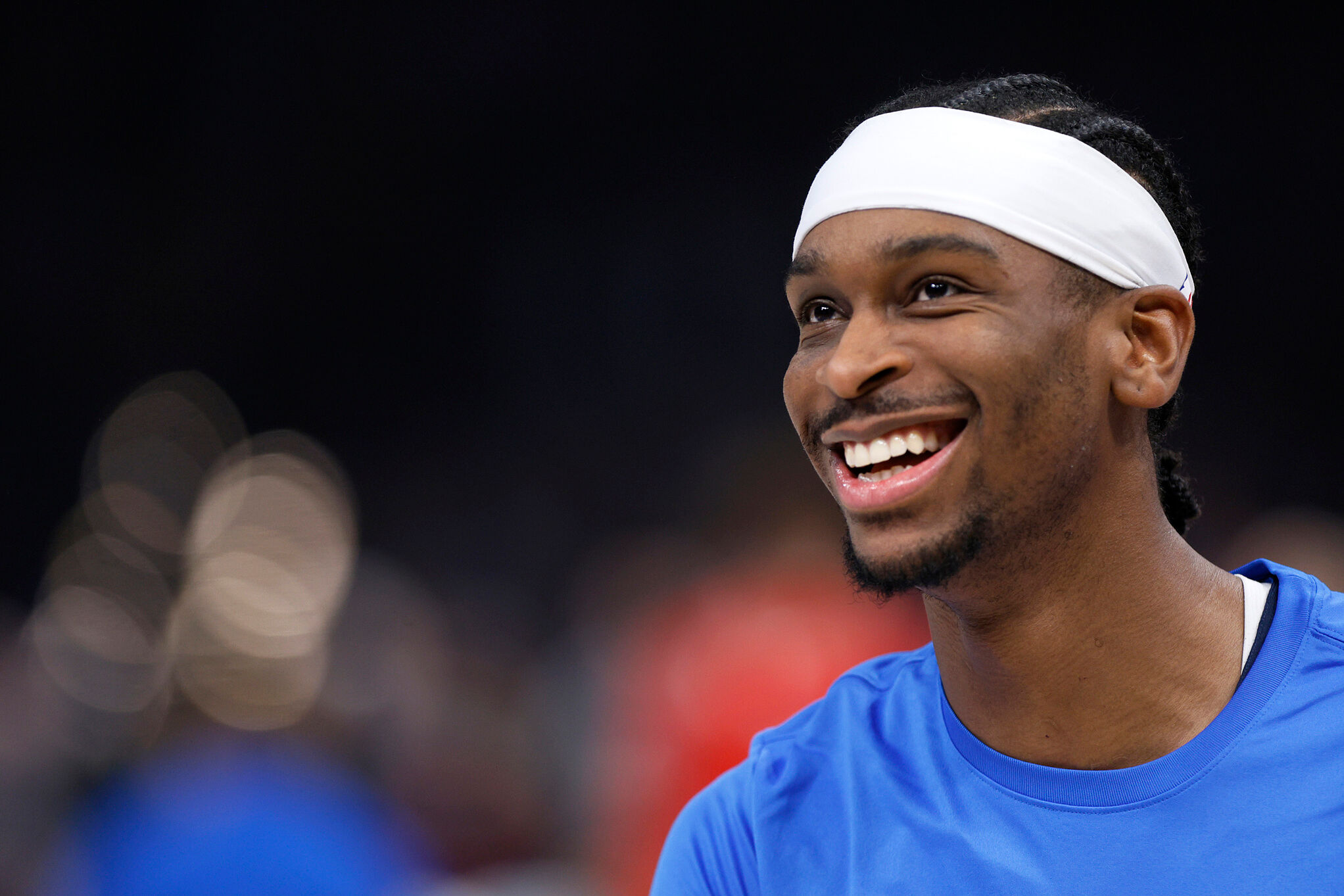 Oklahoma City Thunder guard Shai Gilgeous-Alexander smiles before an NBA basketball game against the Toronto Raptors