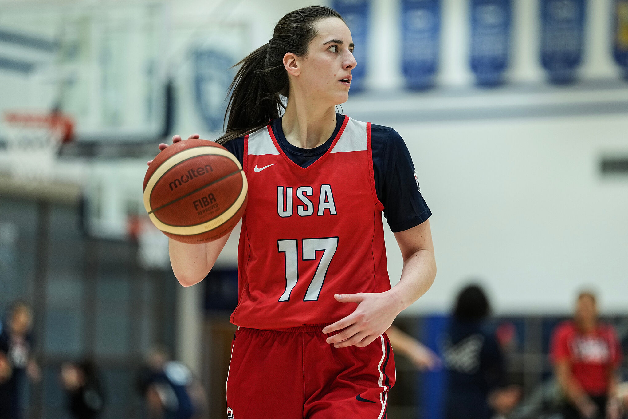 Caitlin Clark (17) brings the ball upcourt during a training camp for the U.S women's national basketball team