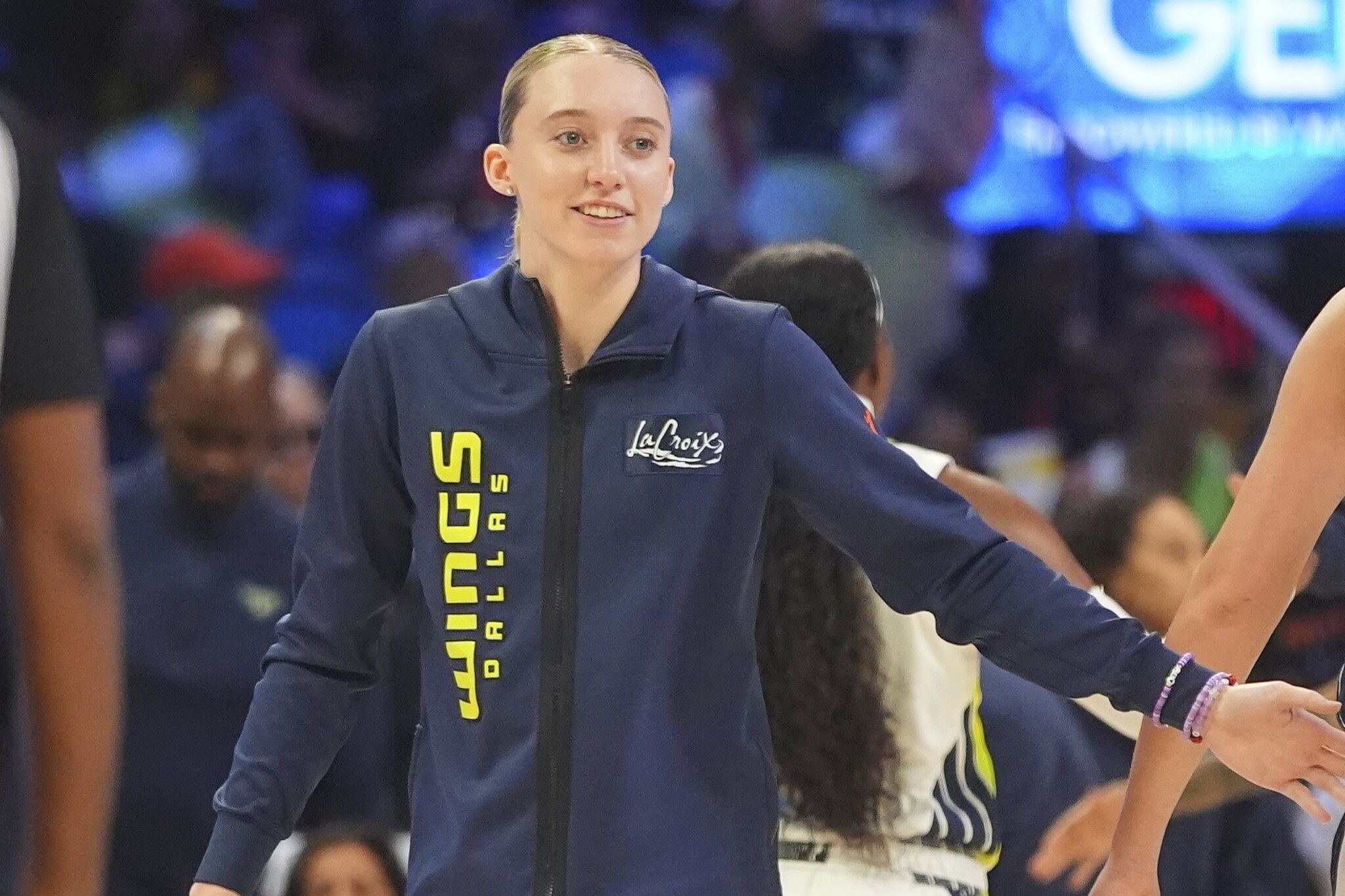 Dallas Wings guard Paige Bueckers encourages her teammates during a WNBA basketball game against the New York Liberty
