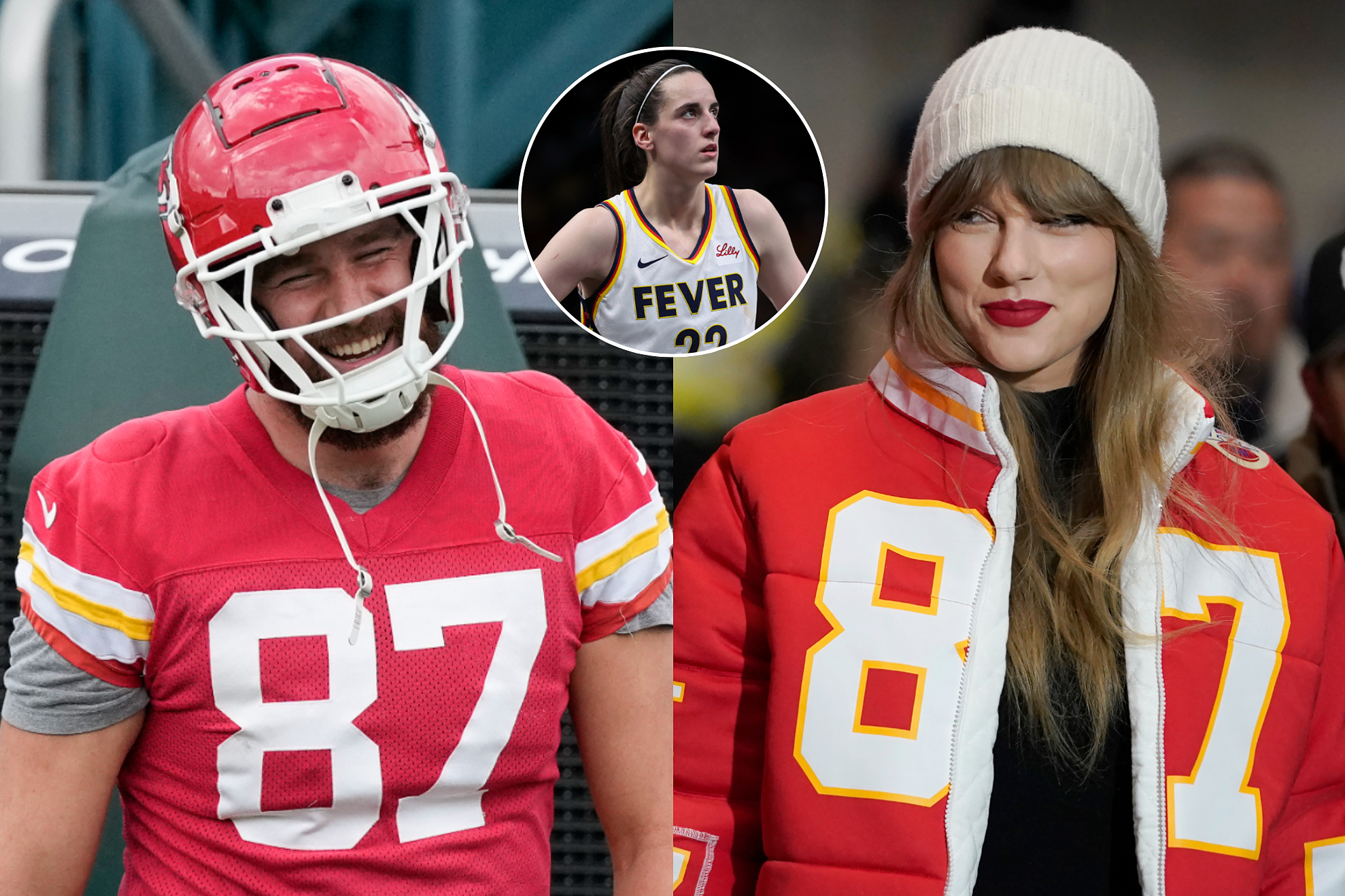 Travis Kelce (L), Caitlin Clark (C) and Taylor Swift (R) LAPRESSE