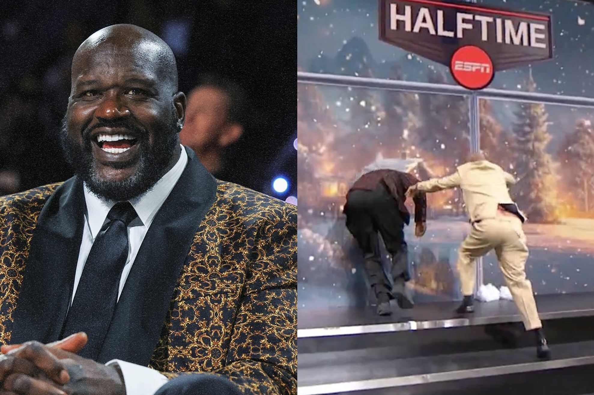Chaos erupts as Shaquille O'Neal crashes into ESPN set live on air