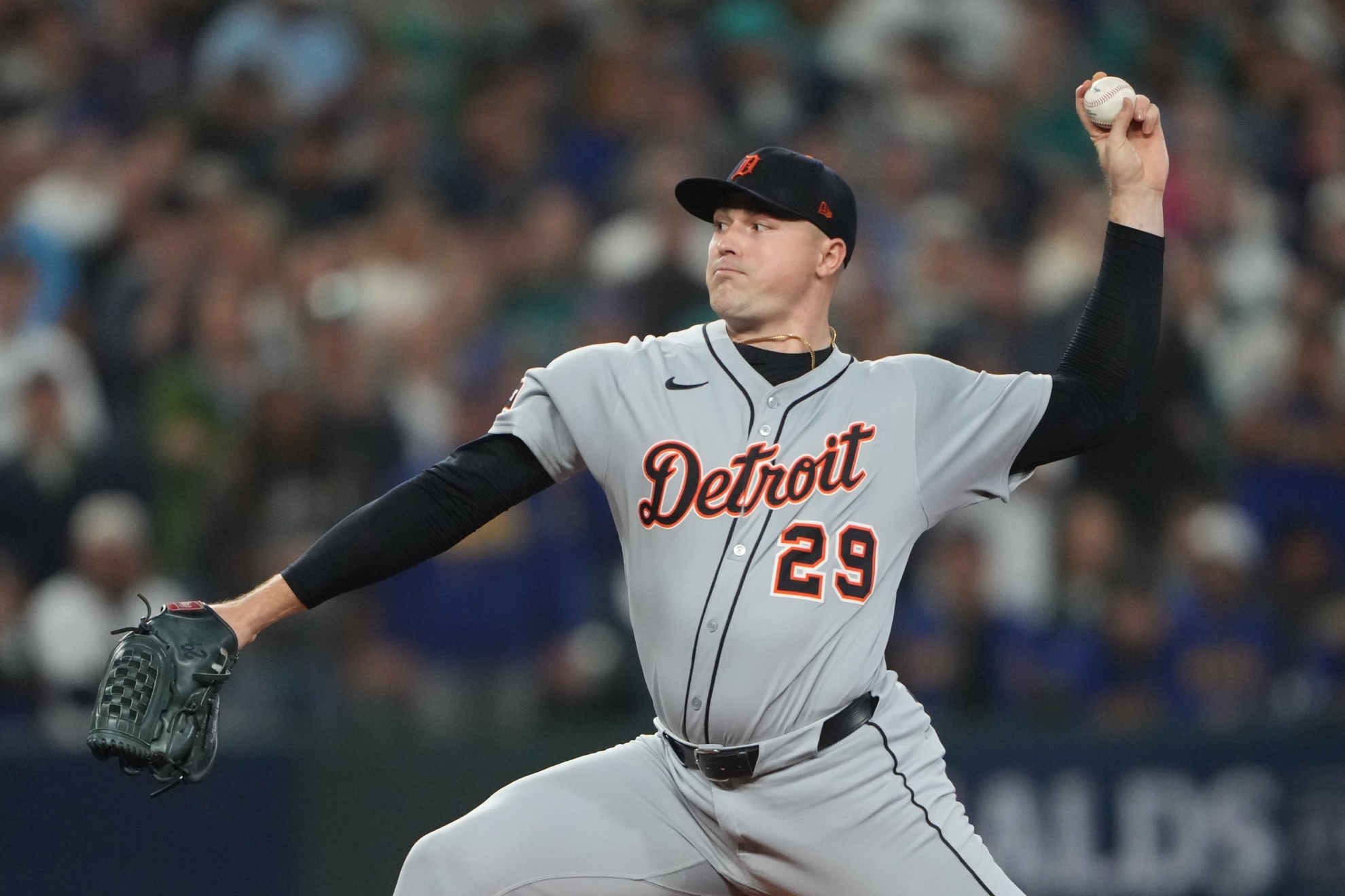 Detroit Tigers pitcher Tarik Skubal throws.