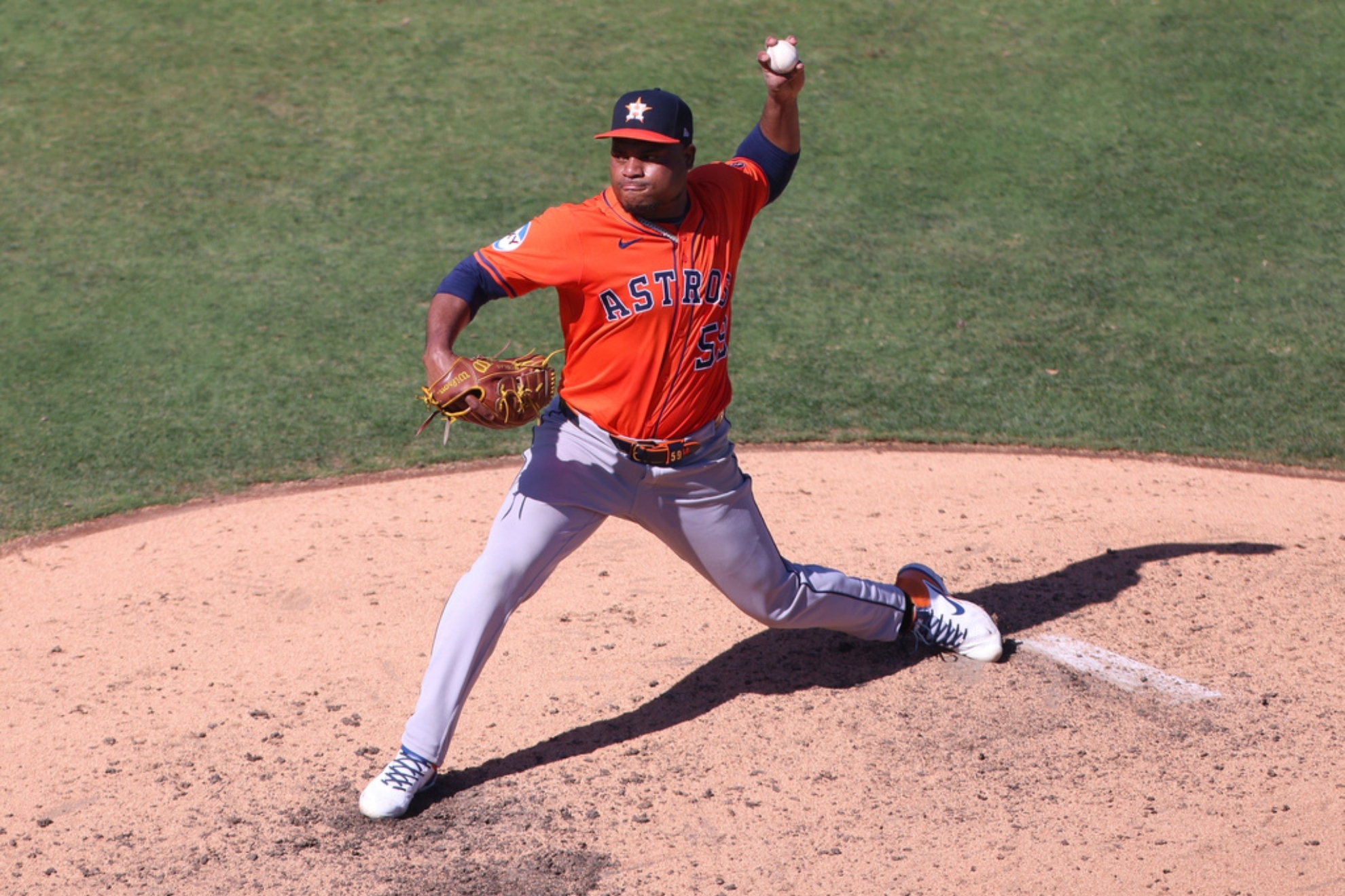 Houston Astros pitcher Framber Valdez throw to an Athletics batter.