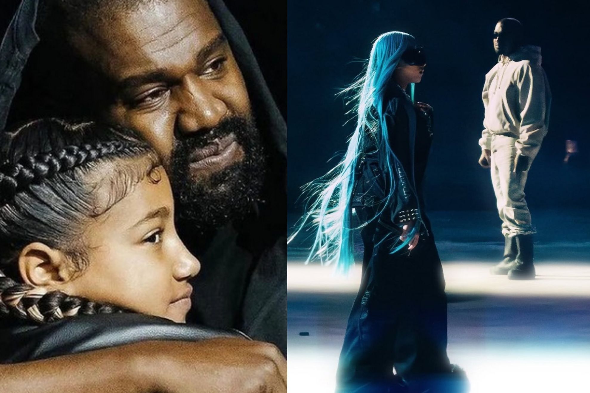 Kanye West watches as his 12 year old daughter North makes her stadium debut during a live concert