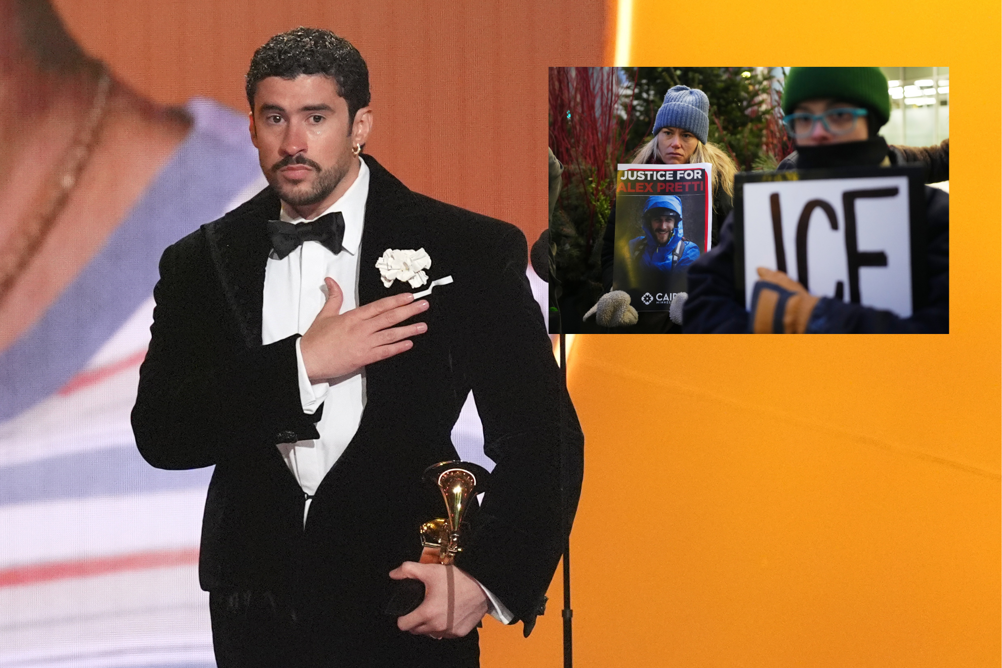 A montage with a photo of Bad Bunny and one of a protest against ICE.