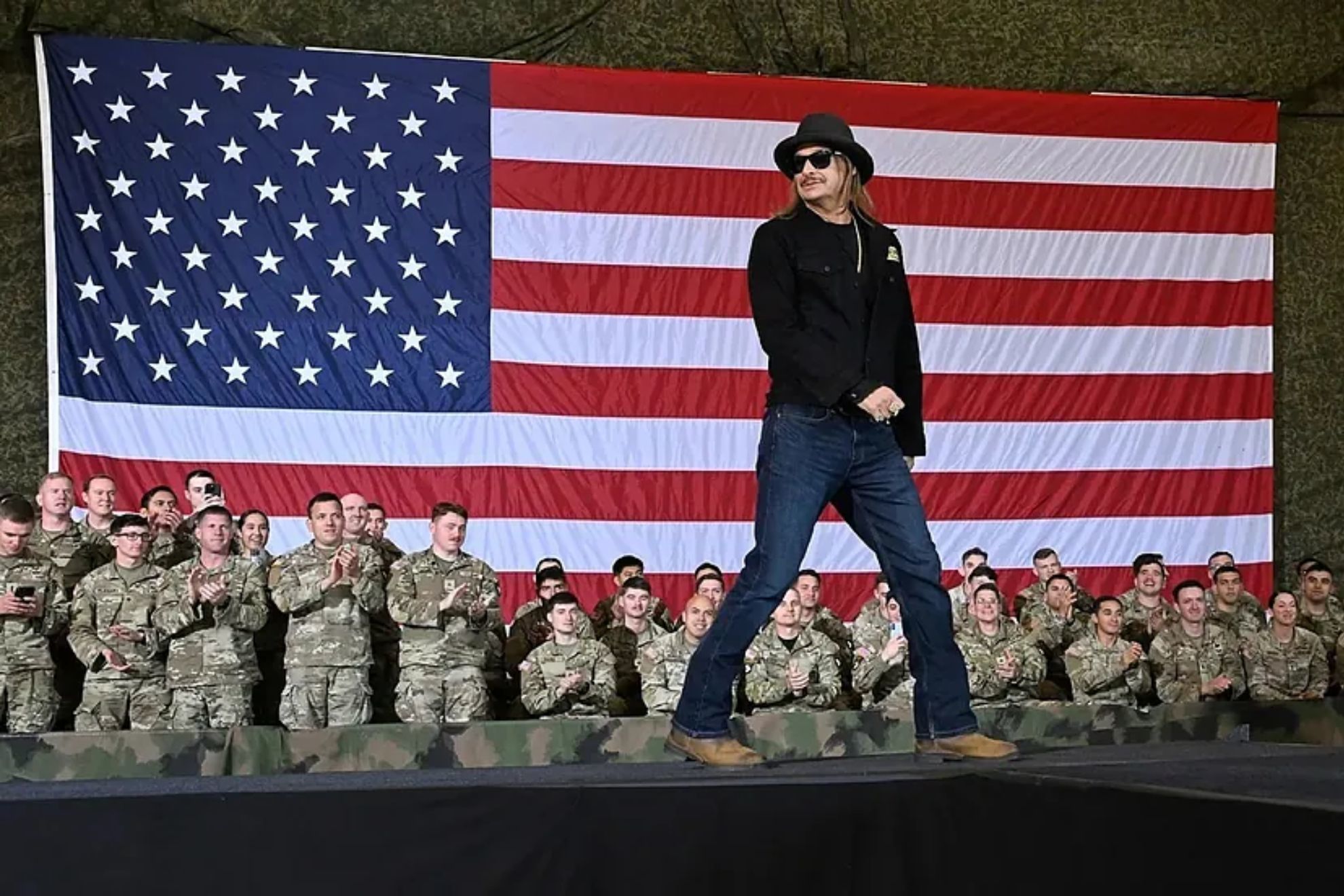 Kid Rock comes on stage to speak and introduce Vice President JD Vance during a visit to Fort Campbell.