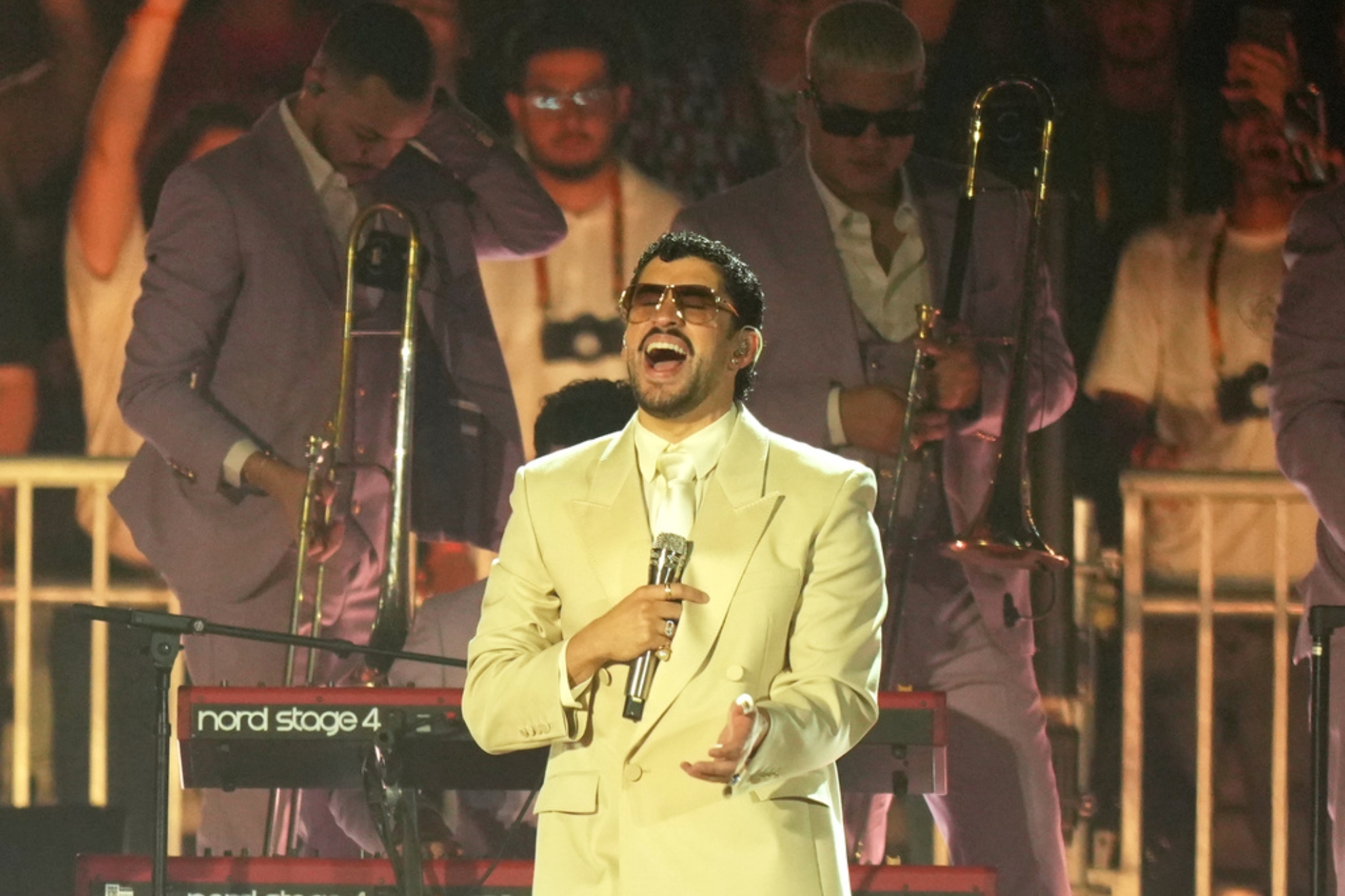 Bad Bunny performs in concert at the Allianz Parque stadium in Sao Paulo.