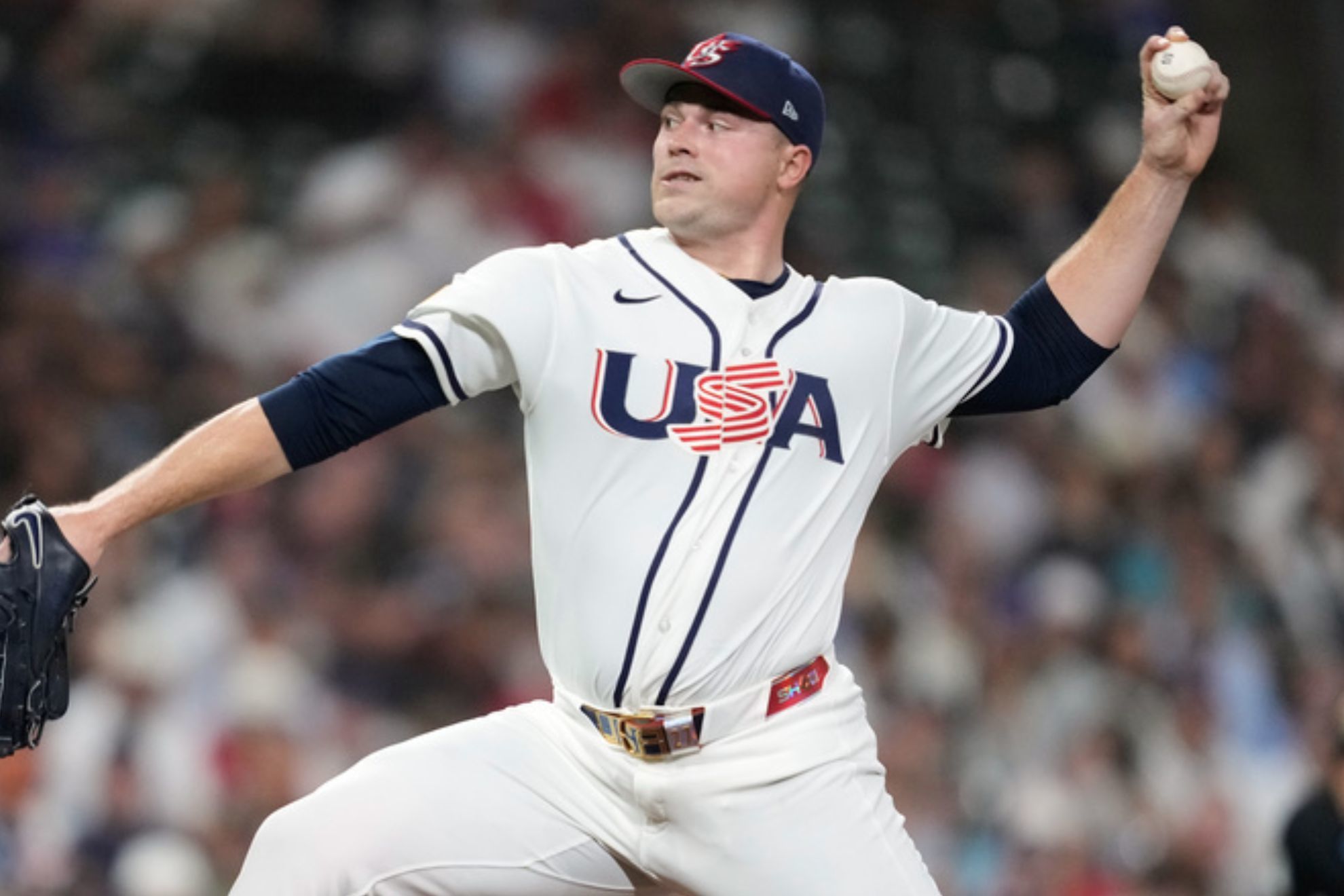 United States starting pitcher Tarik Skubal throws during the first inning of a World Baseball Classic game against Britain.