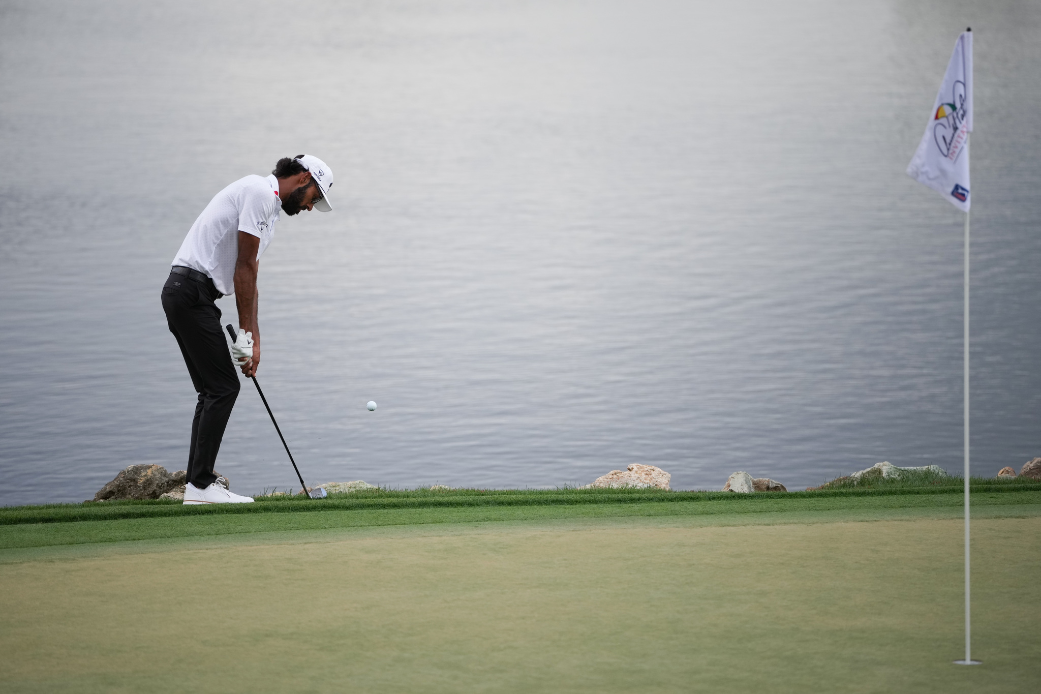 Akshay Bhatia hits on the 18th hole during the final round of the Arnold Palmer Invitational