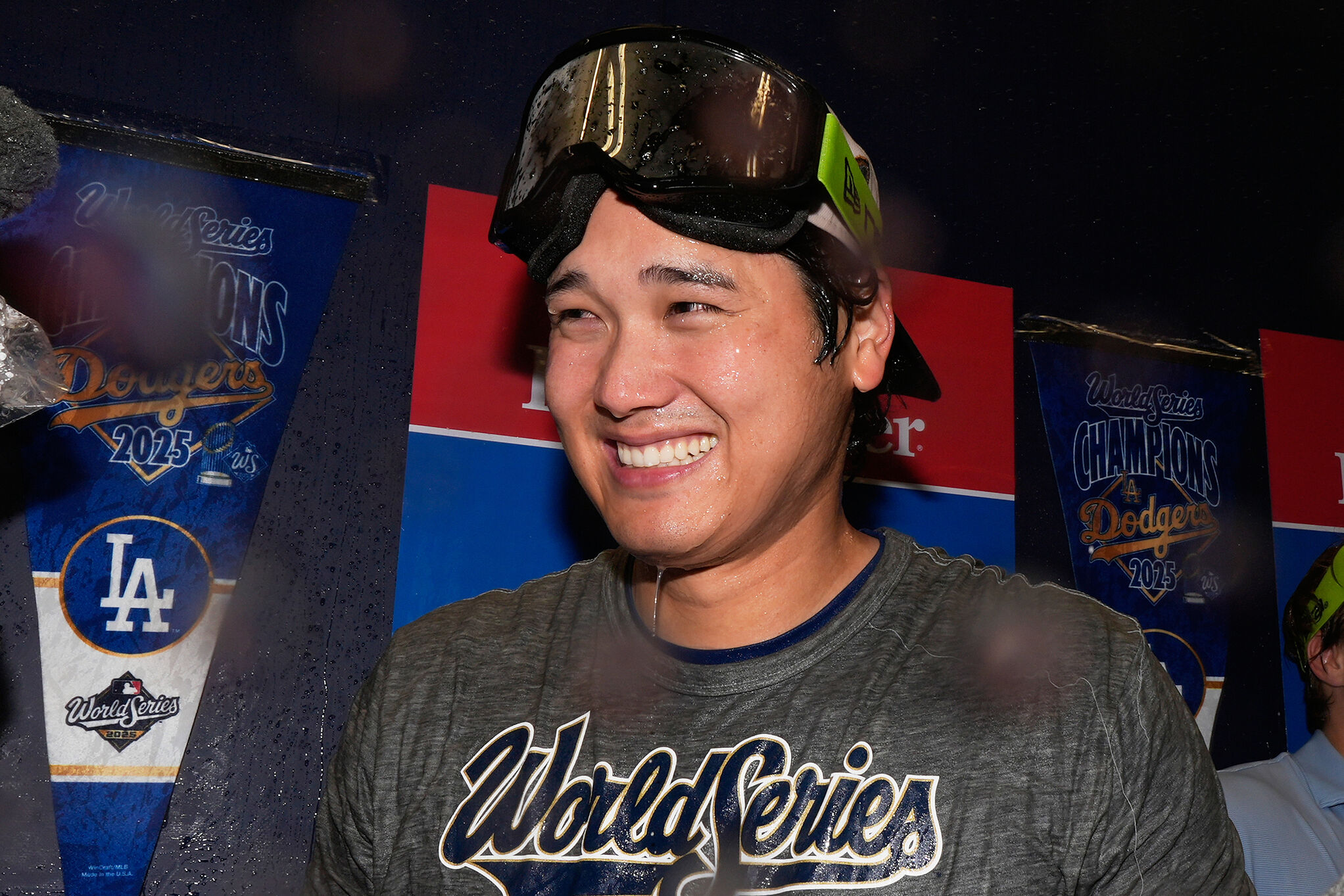 Los Angeles Dodgers pitcher Shohei Ohtani celebrates after their win against the Toronto Blue Jays in Game 7 of baseball's World Series