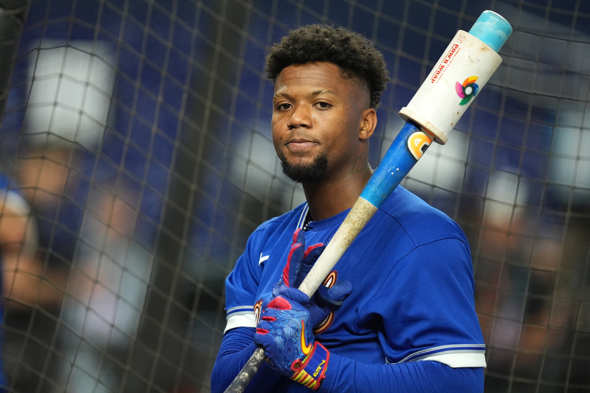 Ronald Acuña Jr waits his turn at batting practice before a World Baseball Classic semifinal game against Italy