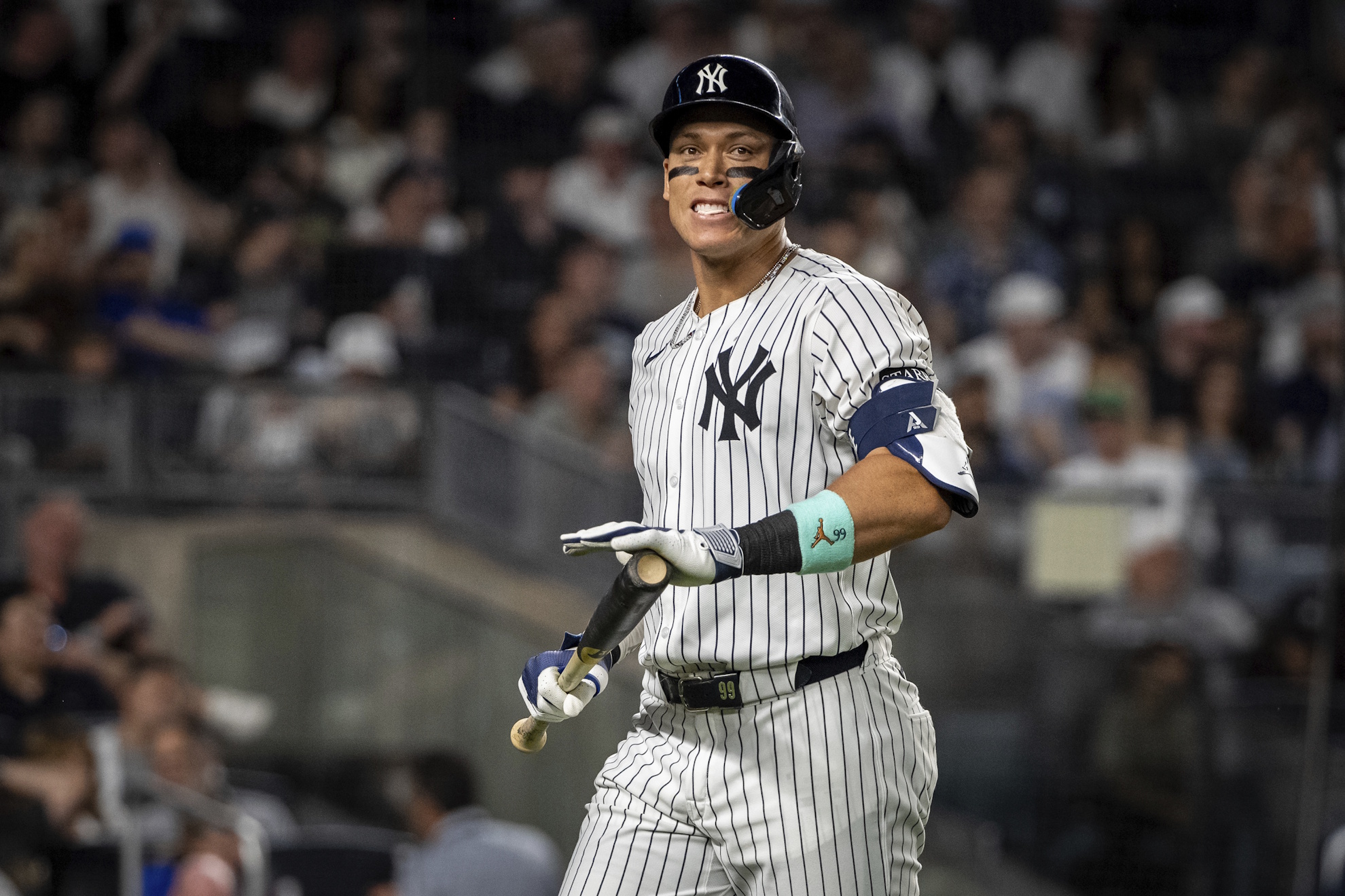 Aaron Judge reacts as he strikes out swinging during the sixth inning.