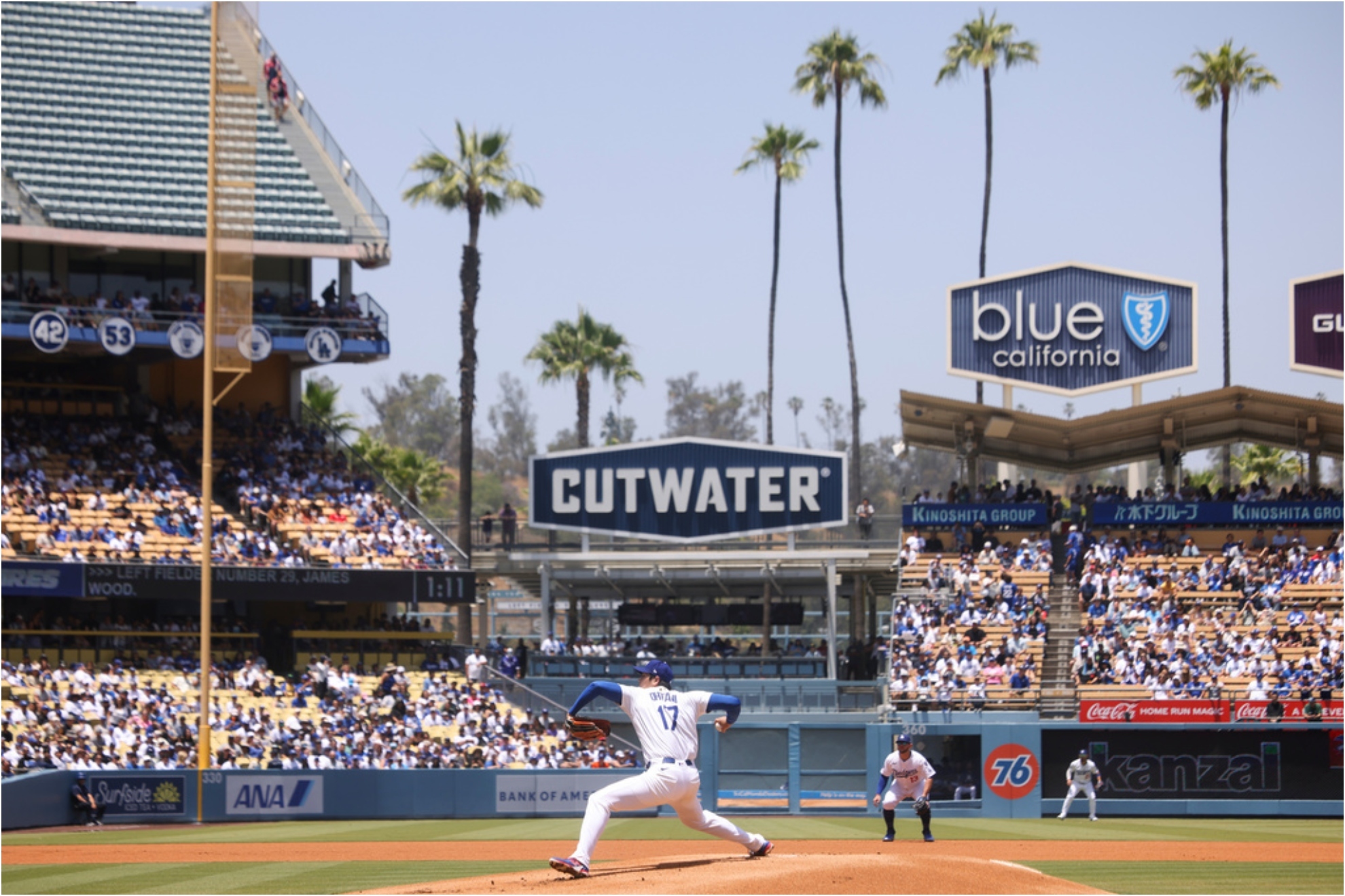 Los Angeles Dodgers starting pitcher Shohei Ohtani throws to a Washington Nationals batter.