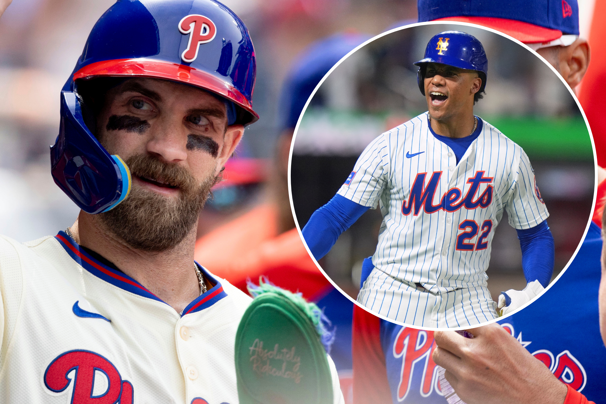 Bryce Harper of the Philadelphia Phillies alongside Juan Soto of the New York Mets.