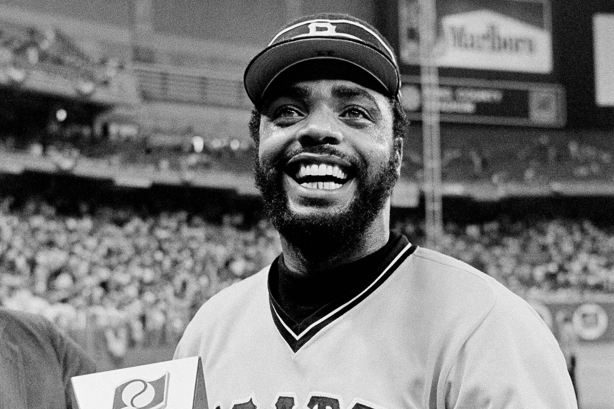 Dave Parker accepts The Commissioner's Award for being named MVP of the 1979 MLB All-Star Game.