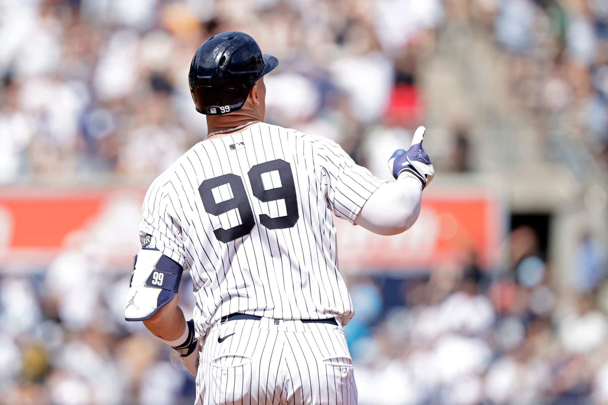 New York Yankees' Aaron Judge reacts after hitting a two-run home run during the fourth inning of a baseball game against the Athletics, Sunday, June 29, 2025, in New York.