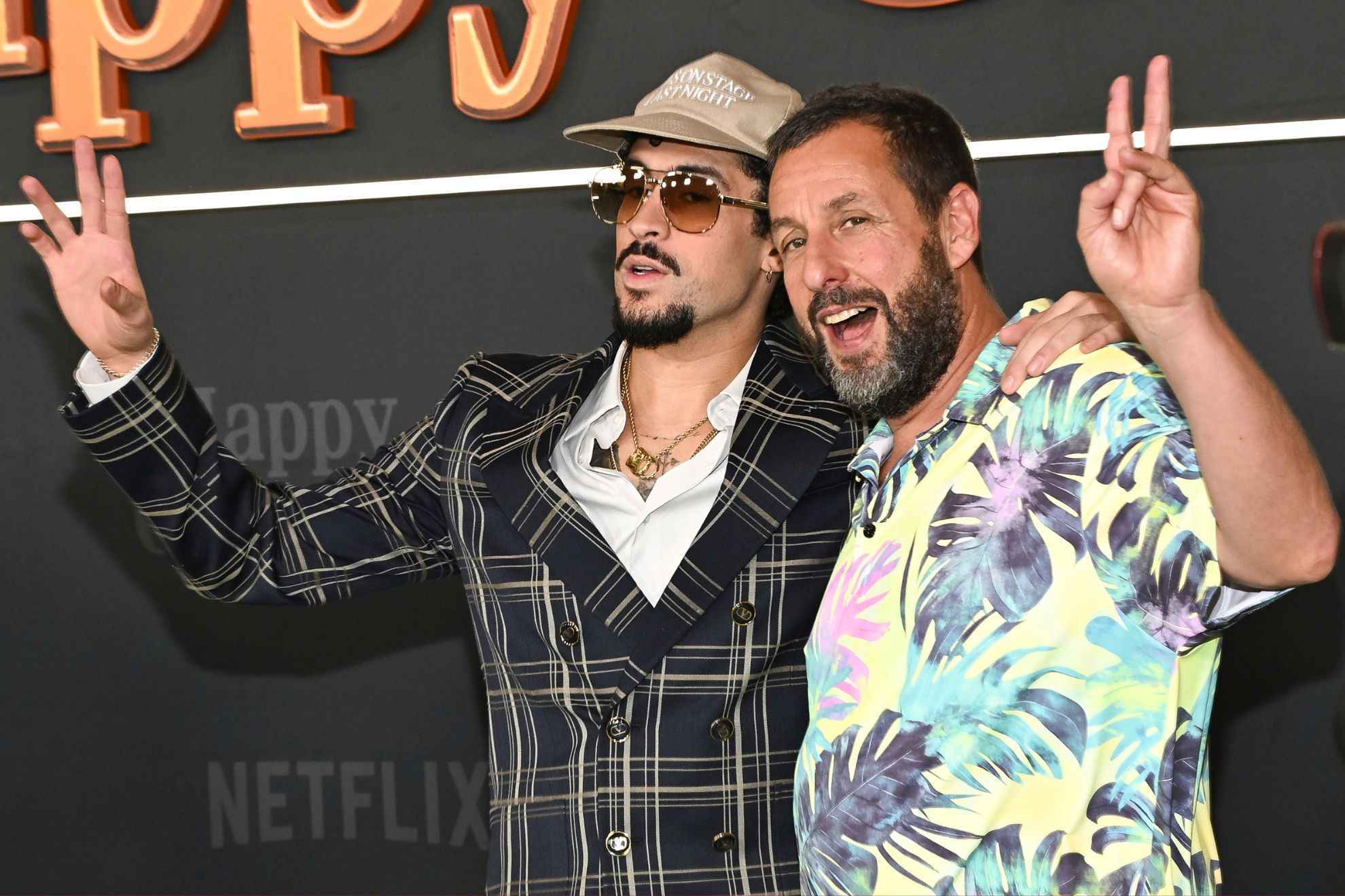 Bad Bunny fanboy Adam Sandler on the red carpet of Happy Gilmore 2