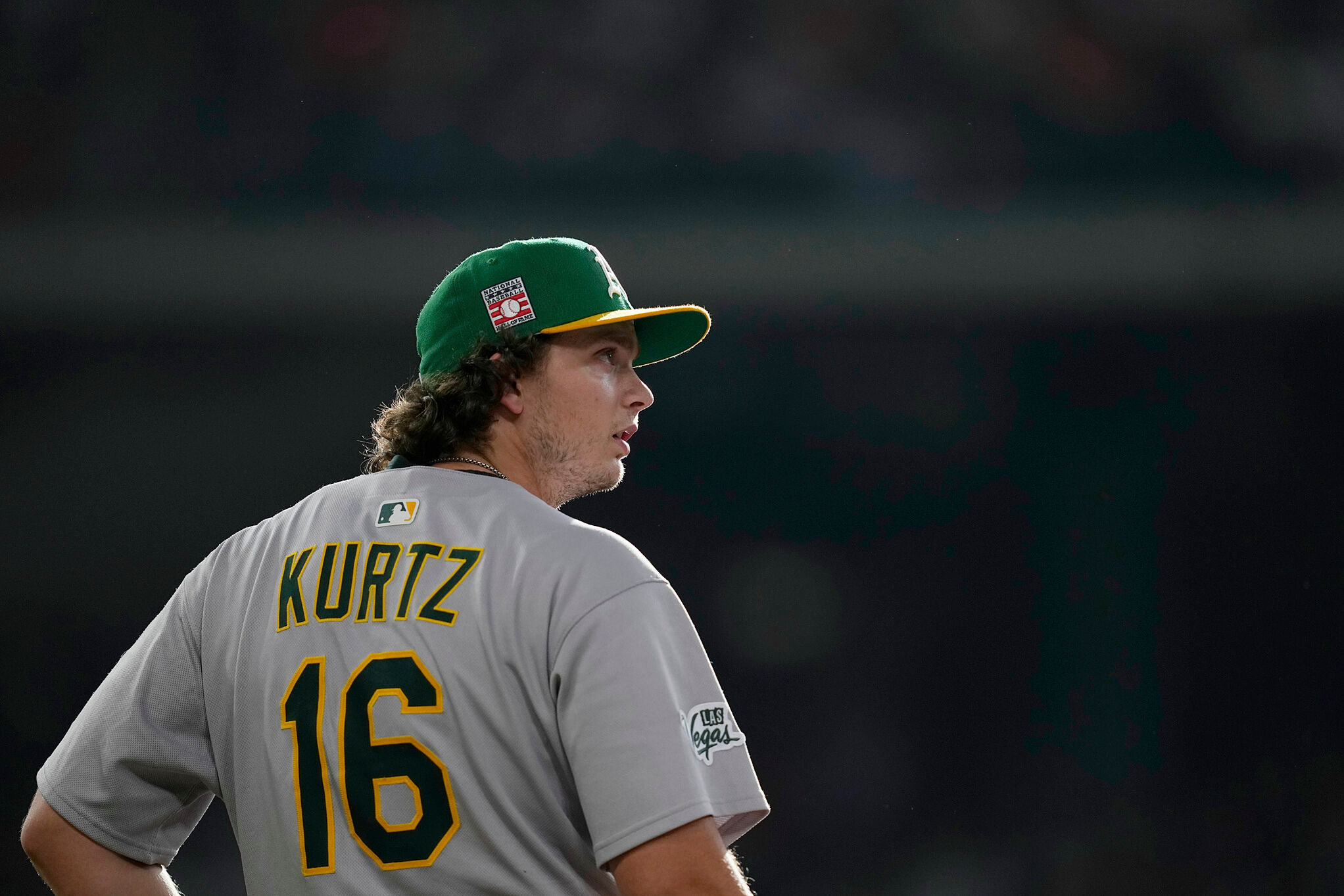 Athletics first baseman Nick Kurtz (16) watches a foul ball by the Houston Astros during the second inning of a baseball game Saturday, July 26, 2025, in Houston. (AP Photo/David J. Phillip)