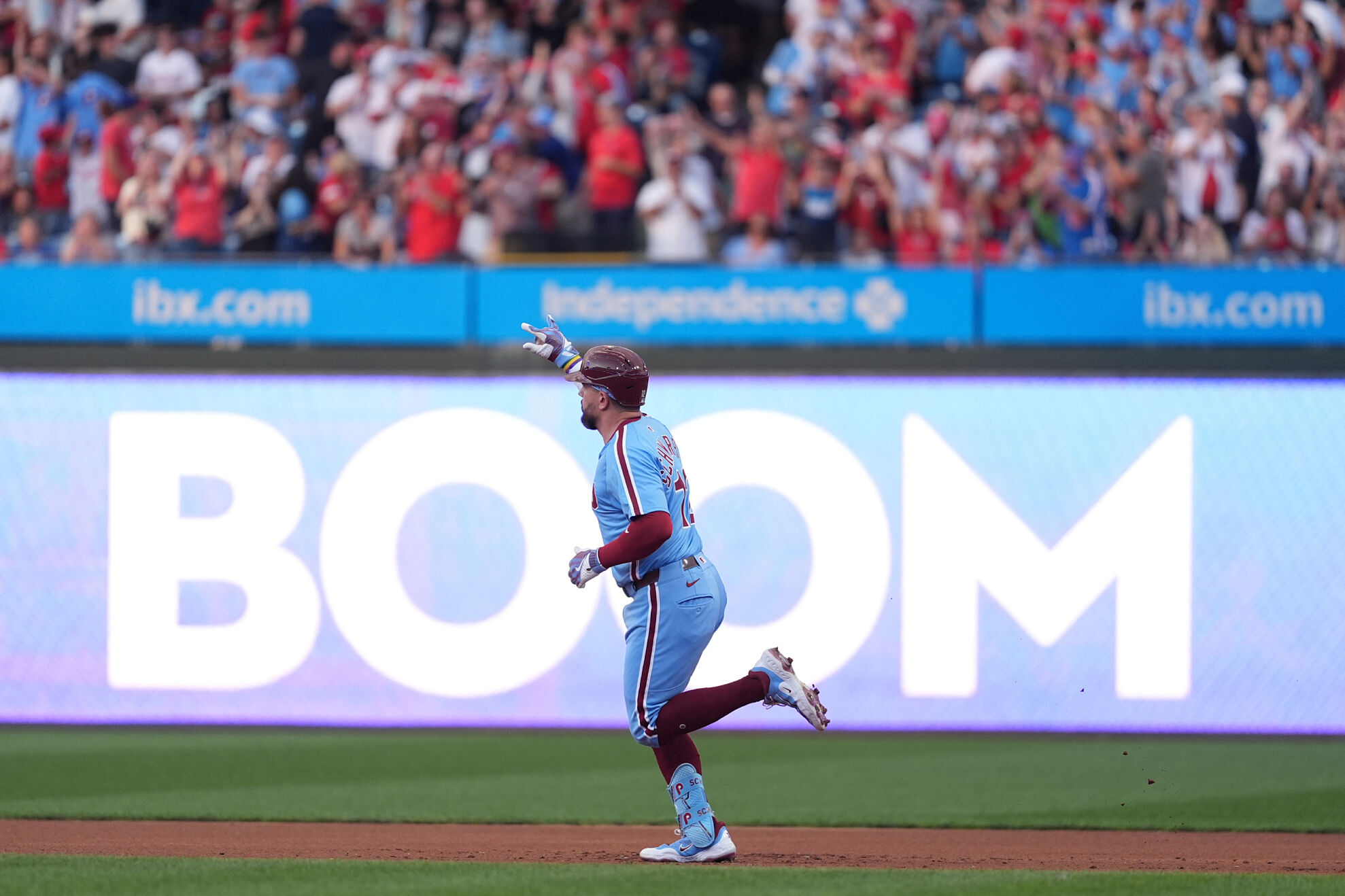 Philadelphia Phillies' Kyle Schwarber reacts after a home run during a baseball game Thursday, Aug. 28, 2025, in Philadelphia.