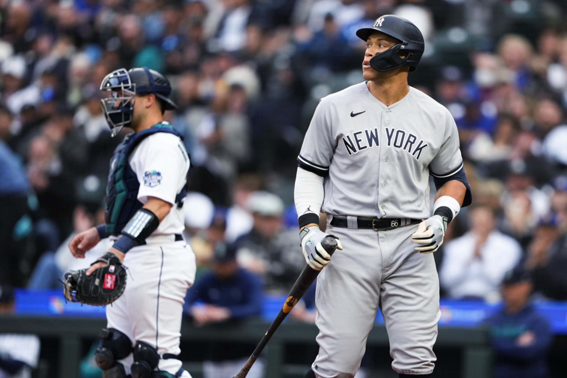 Aaron Judge, with Cal Raleigh in the background