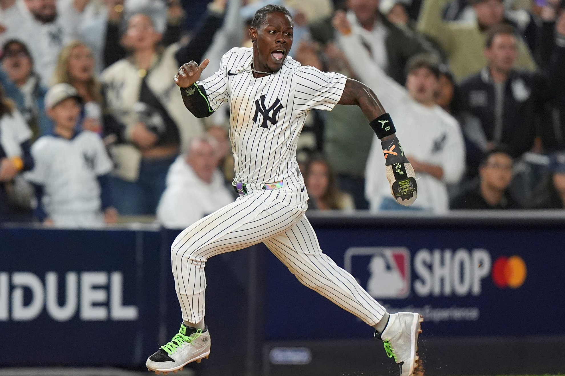 Jazz Chisholm Jr. scores the winning run in Game 2 of the AL Wild Card series between the New York Yankees and Boston Red Sox.