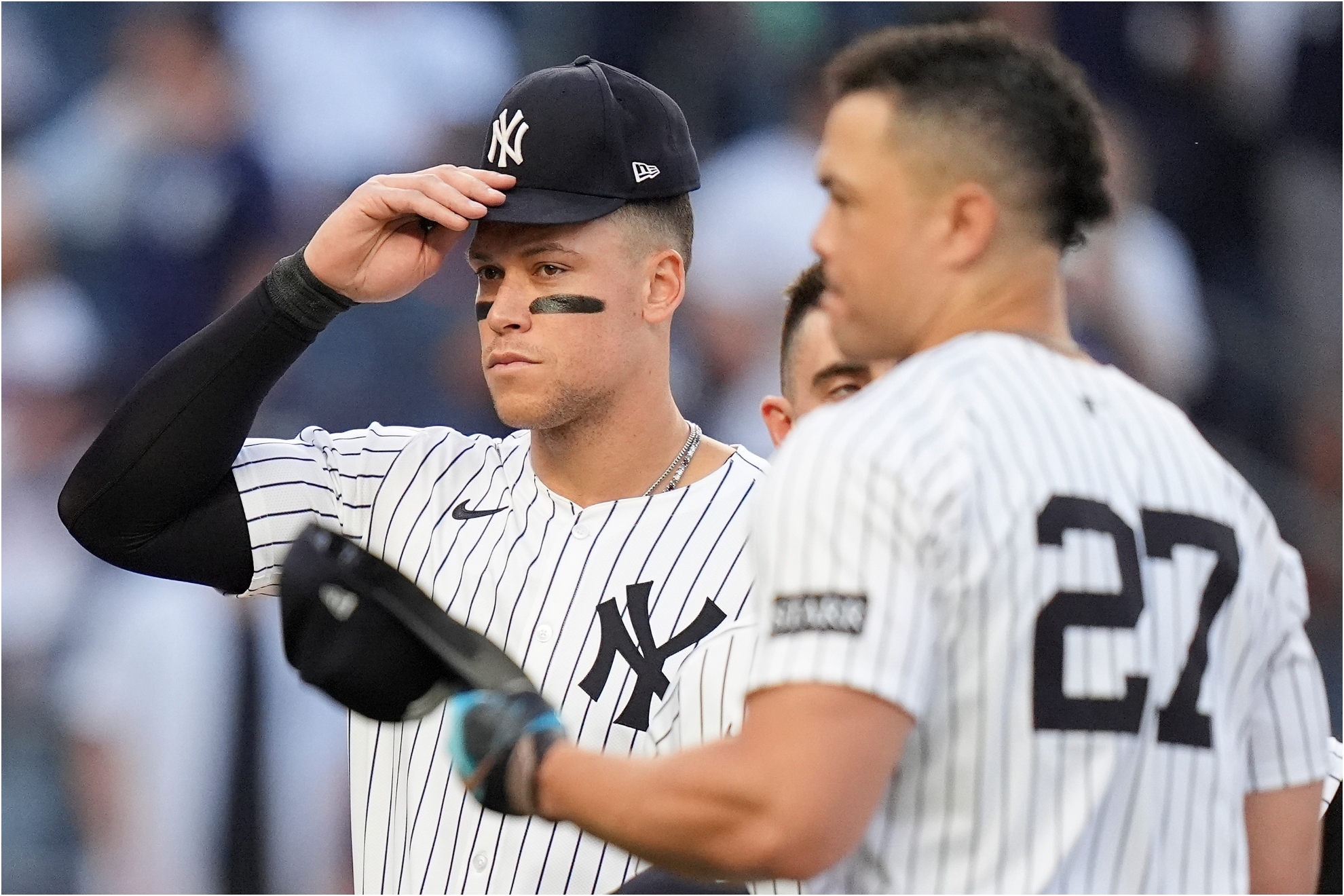 New York Yankees outfielder Aaron Judge (99) and designated hitter Giancarlo Stanton (27).