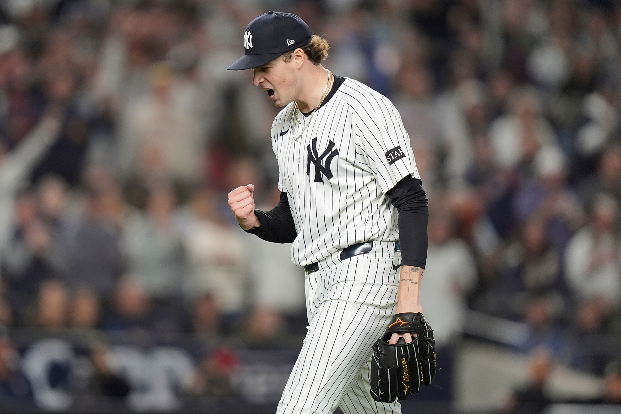 New York Yankees pitcher Cam Schlittler reacts as he walks off the field at the end of the top of the eighth inning of Game 3 of an American League wild-card baseball playoff series against the Boston Red Sox, Thursday, Oct. 2, 2025, in New York.
