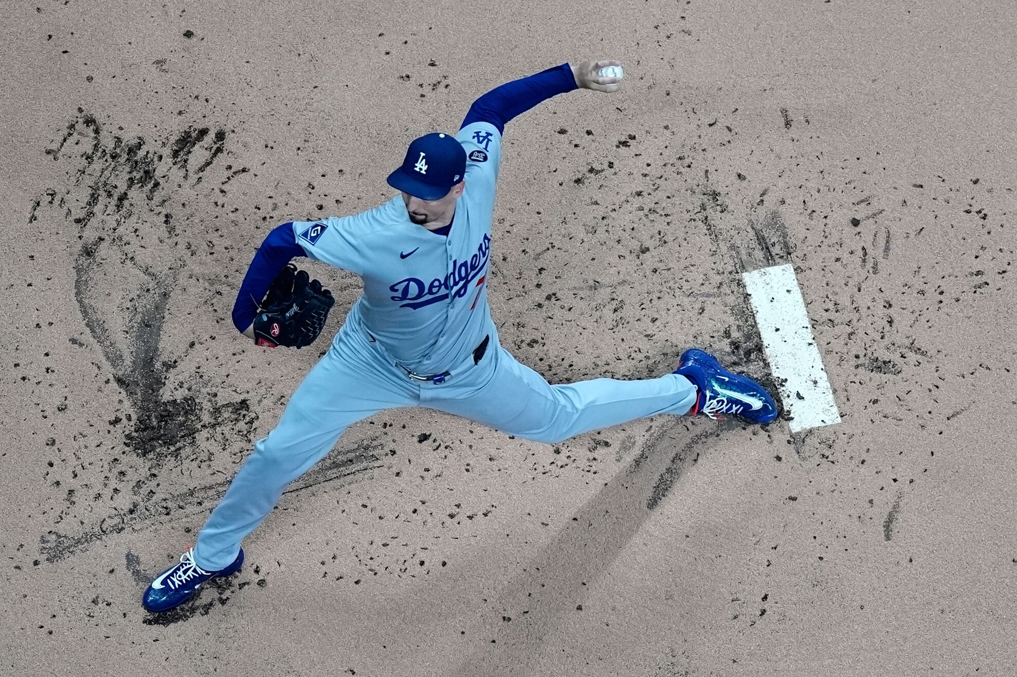 Los Angeles Dodgers pitcher Blake Snell throws during the first inning of Game 1 of baseball's National League Championship Series against the Milwaukee Brewers Monday, Oct. 13, 2025, in Milwaukee.