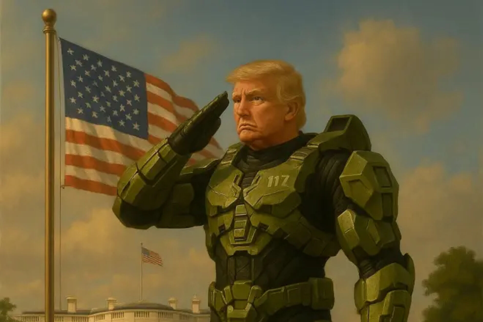 Illustration of President Donald Trump as Master Chief from the video game Halo.
