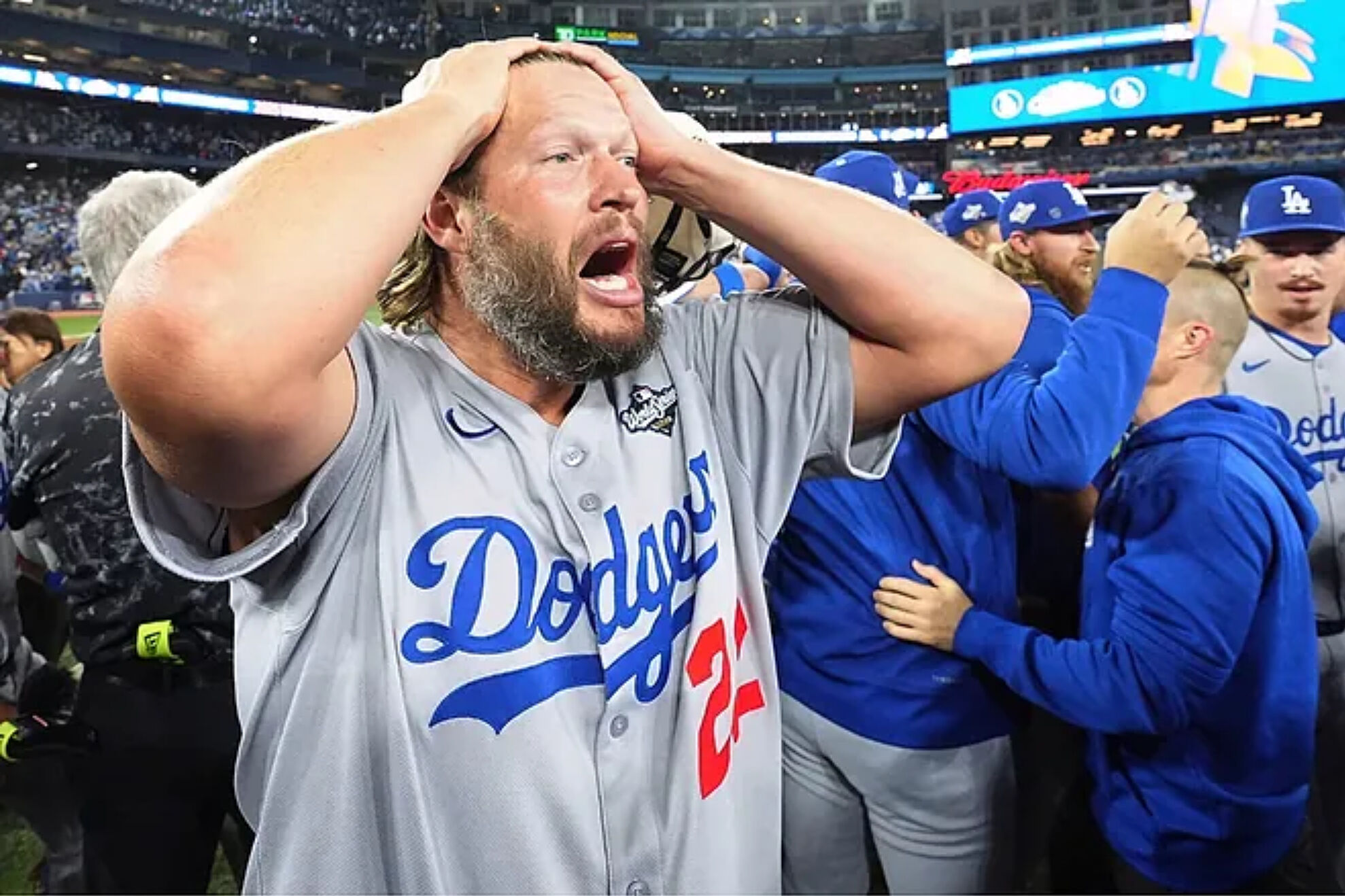 Clayton Kershaw's reaction to the Dodgers' victory.