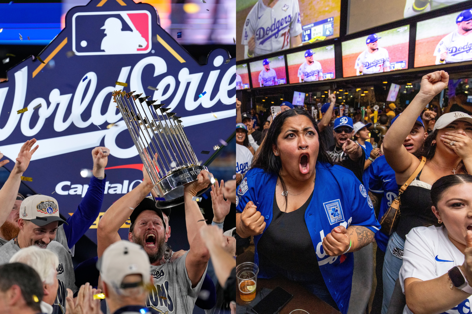The Dodgers celebrate their second consecutive championship: the players, on the left, and the fans.