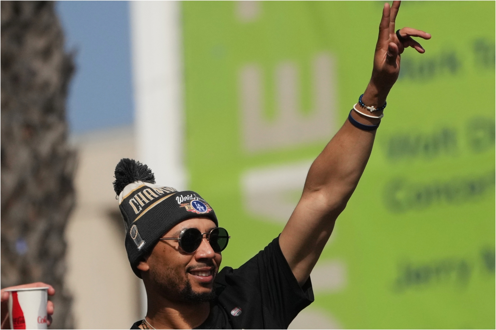 Los Angeles Dodgers' Mookie Betts waves at fans.