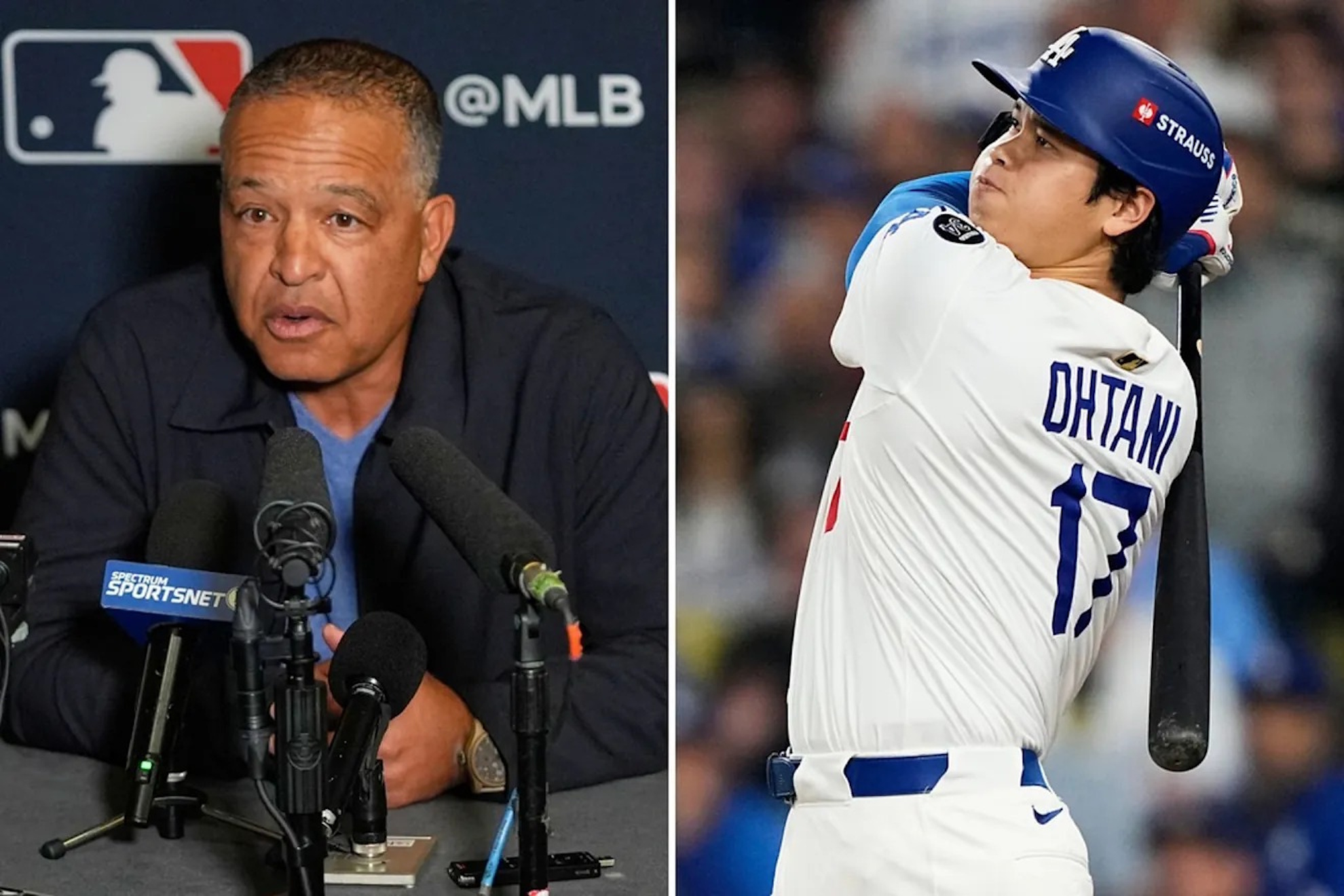 Dave Roberts, manager of the Los Angeles Dodgers, answers questions.
