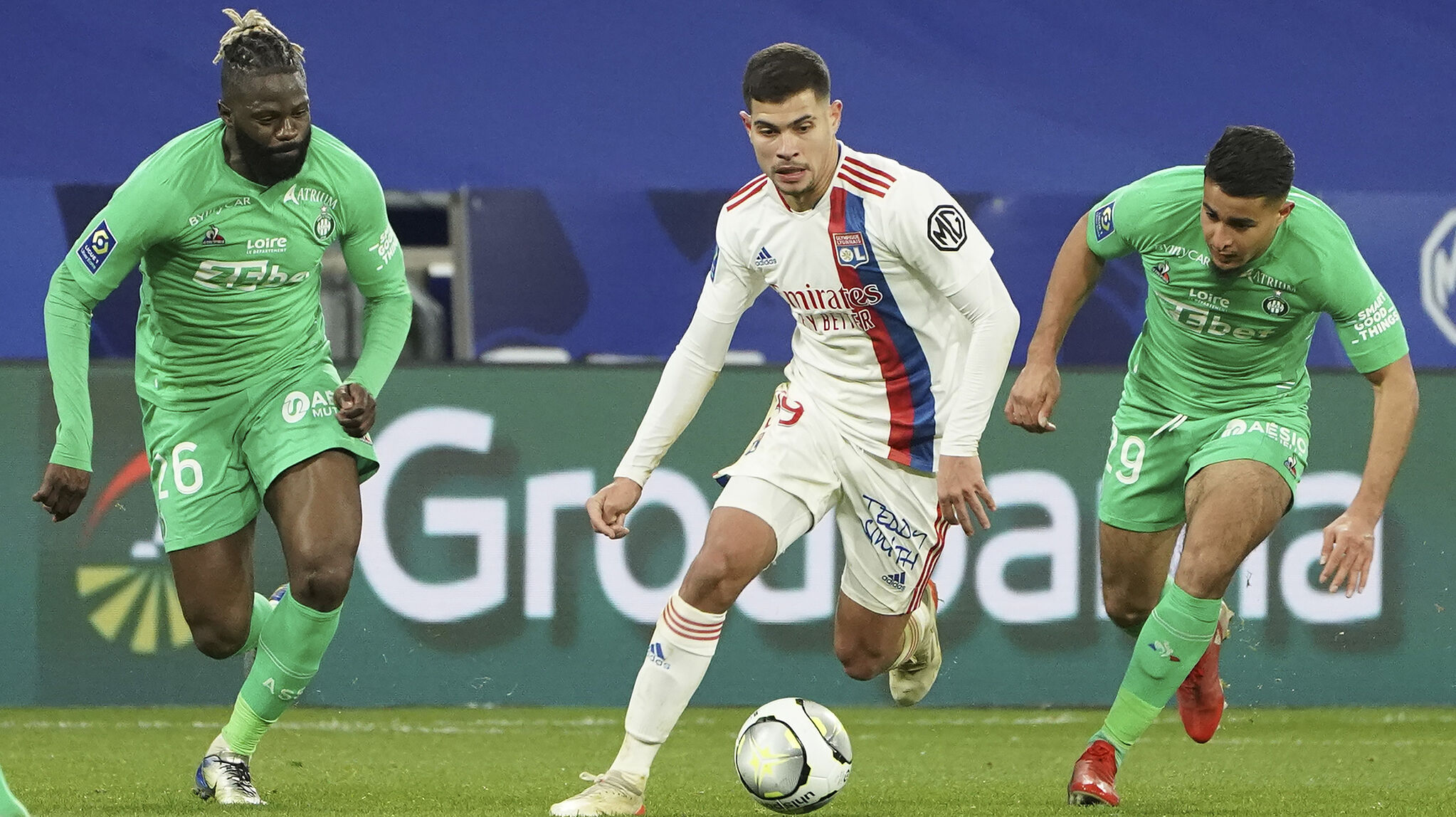 Bruno Guimaraes in action for Lyon during their 1-0 win against Saint-Etienne.
