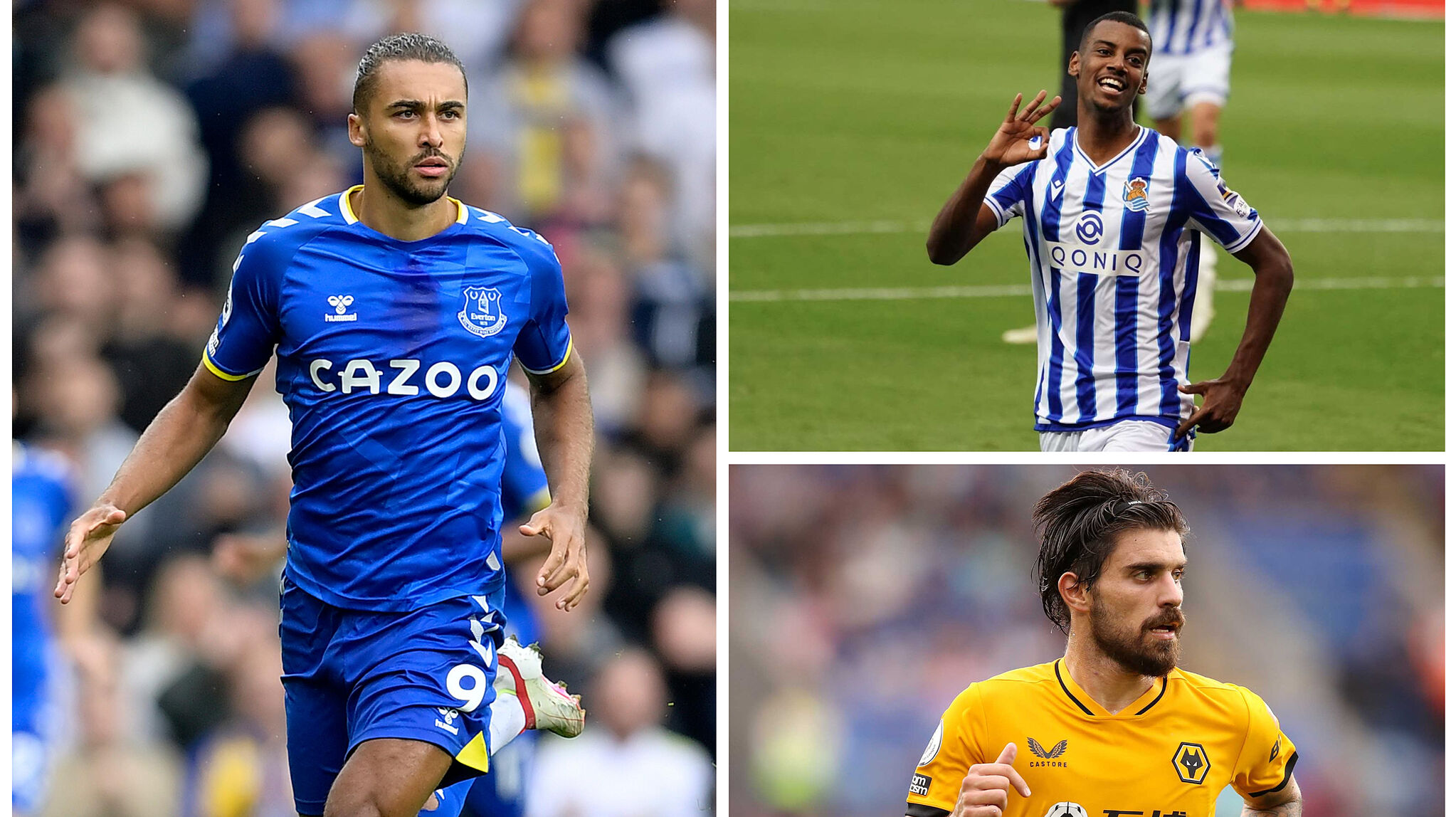 Everton's Dominic Calvert-Lewin, Real Sociedad's Alex Isak and Wolves' Ruben Neves.