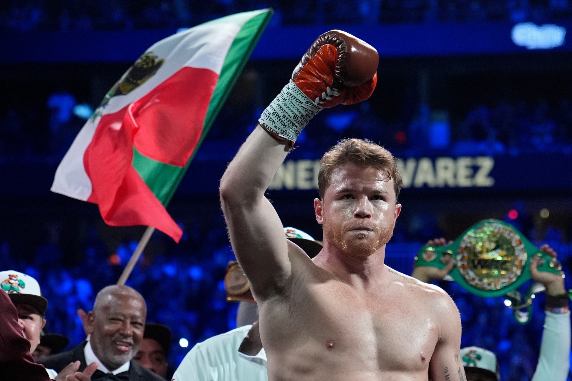 Canelo Alvarez reacts before fighting Edgar Berlanga in a super middleweight title bout in Las Vegas in 2024.