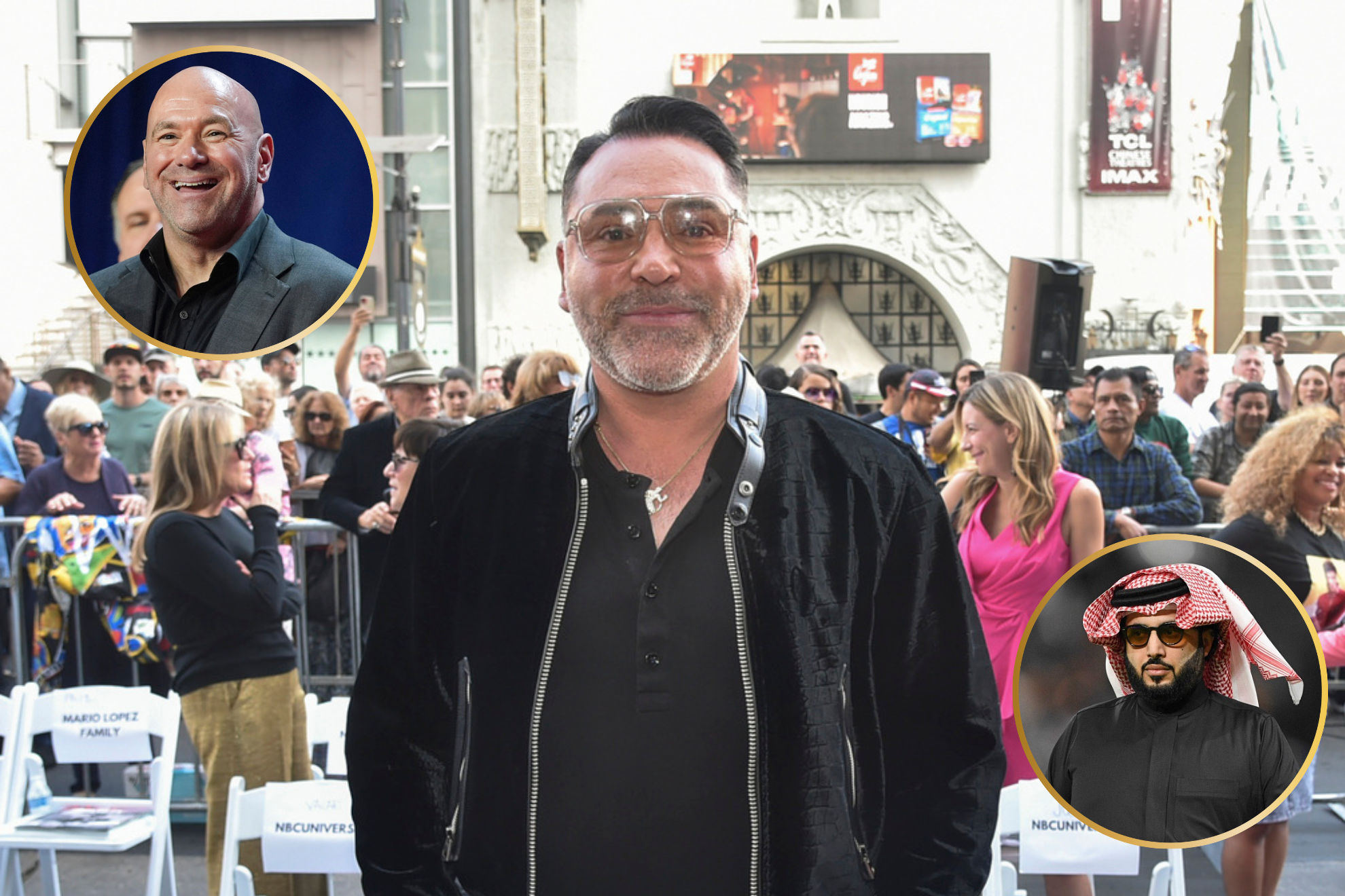 Oscar de la Hoya poses in a montage with photos of Dana White and Turki Alalshikh.