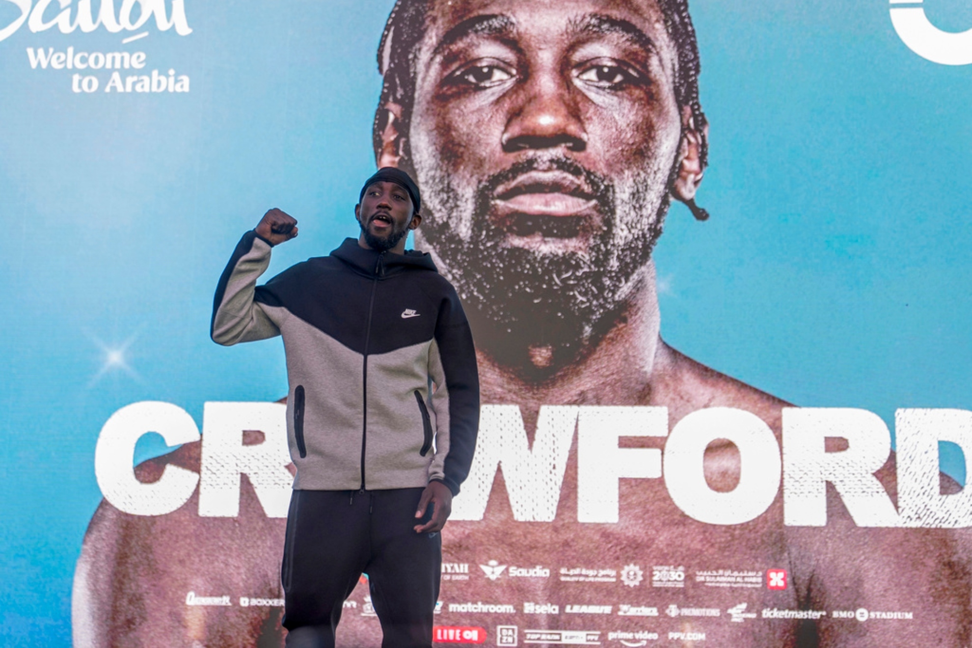 American boxer Terence Crawford arrives to conduct a public workout at the Santa Monica Pier.