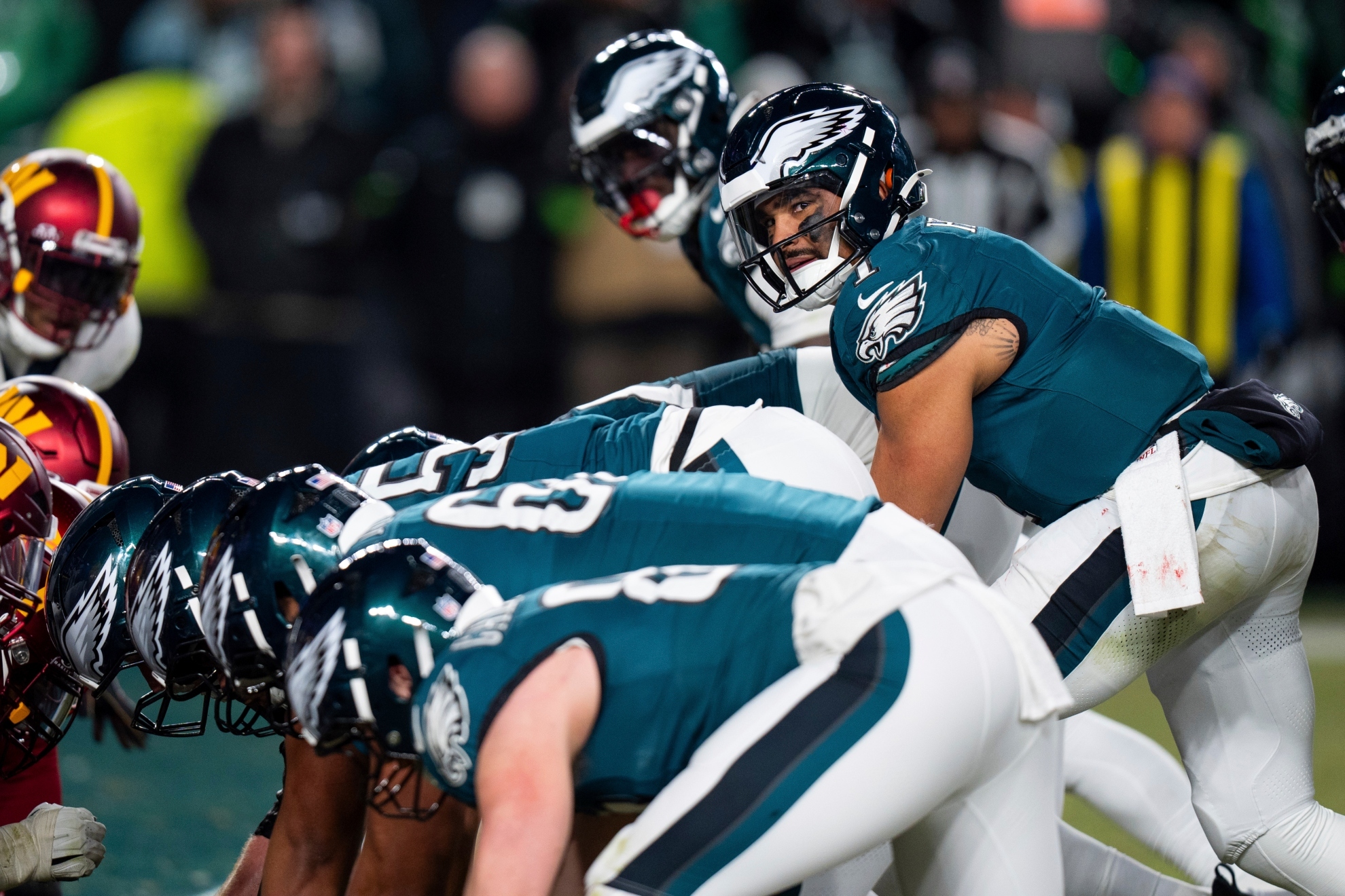 Philadelphia Eagles quarterback Jalen Hurts lines up for the goal line Tush Push play.