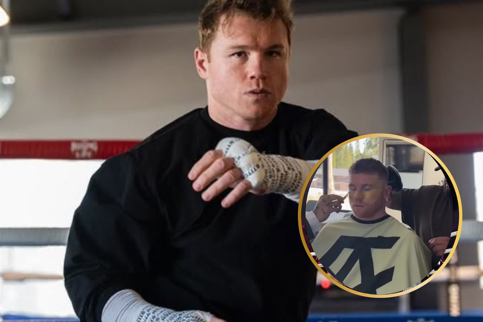 Canelo training and, in the circle photo, applying a gold mask to his face.