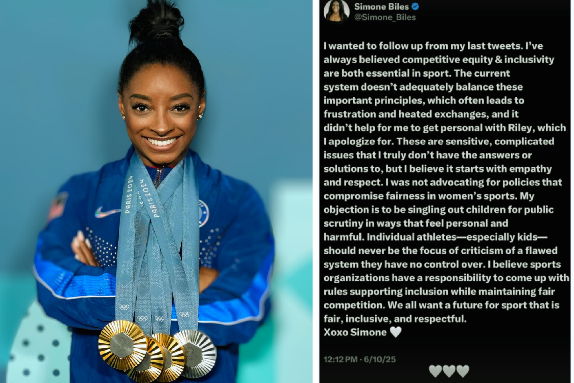Simone Biles se disculpa y pide respeto mutuo en el deporte.