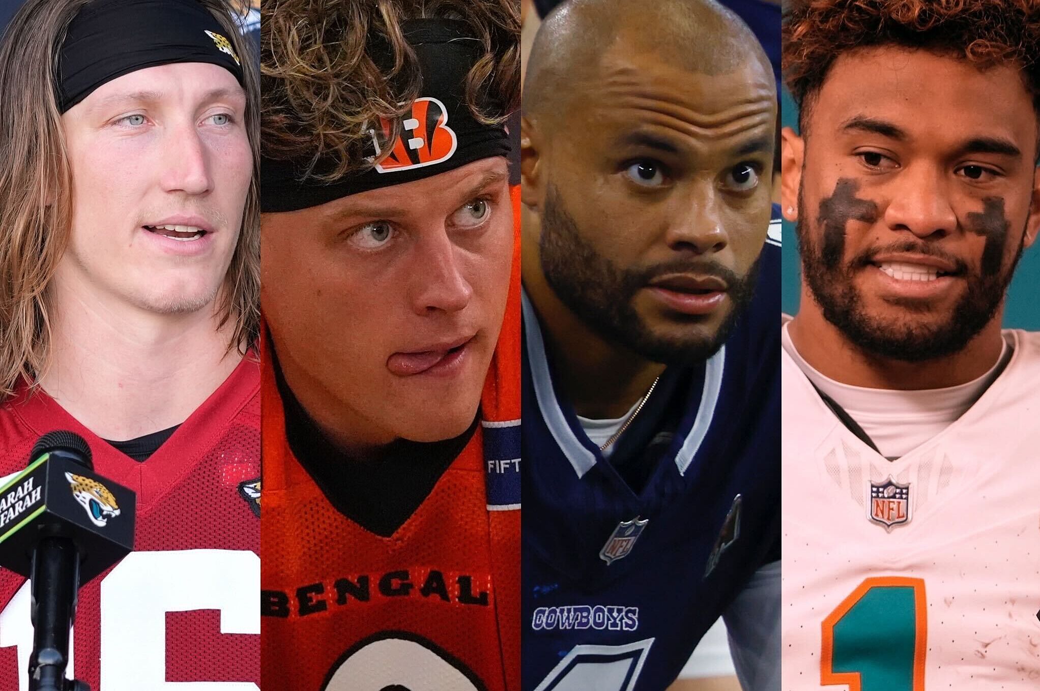Trevor Lawrence from the Jaguars (far left), Joe Burrow from the Bengals (center left), Dak Prescott from the Cowboys (center right), and Tua Tagovailoa from the Dolphins (right)