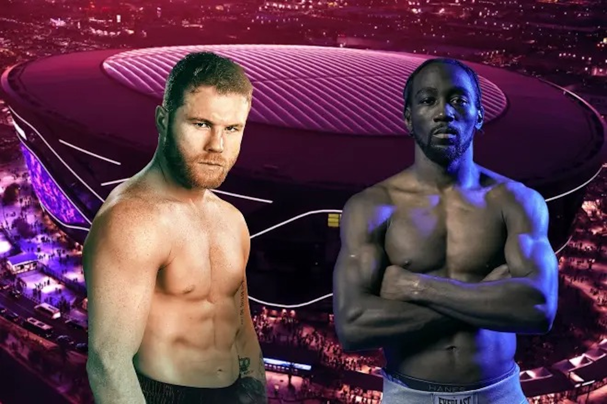 Canelo and Crawford with the Allegiant Stadium in the background.