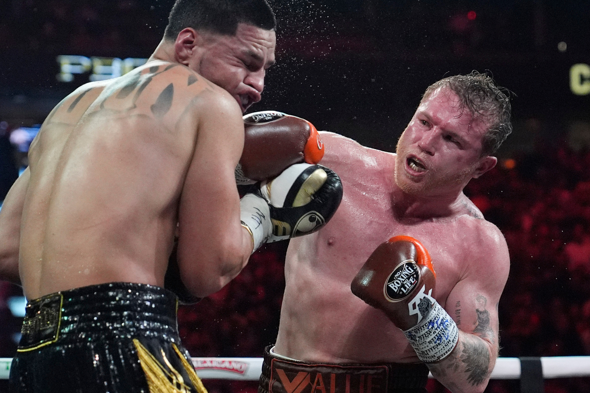 Canelo Alvarez punches Edgar Berlanga during their fight in 2024.