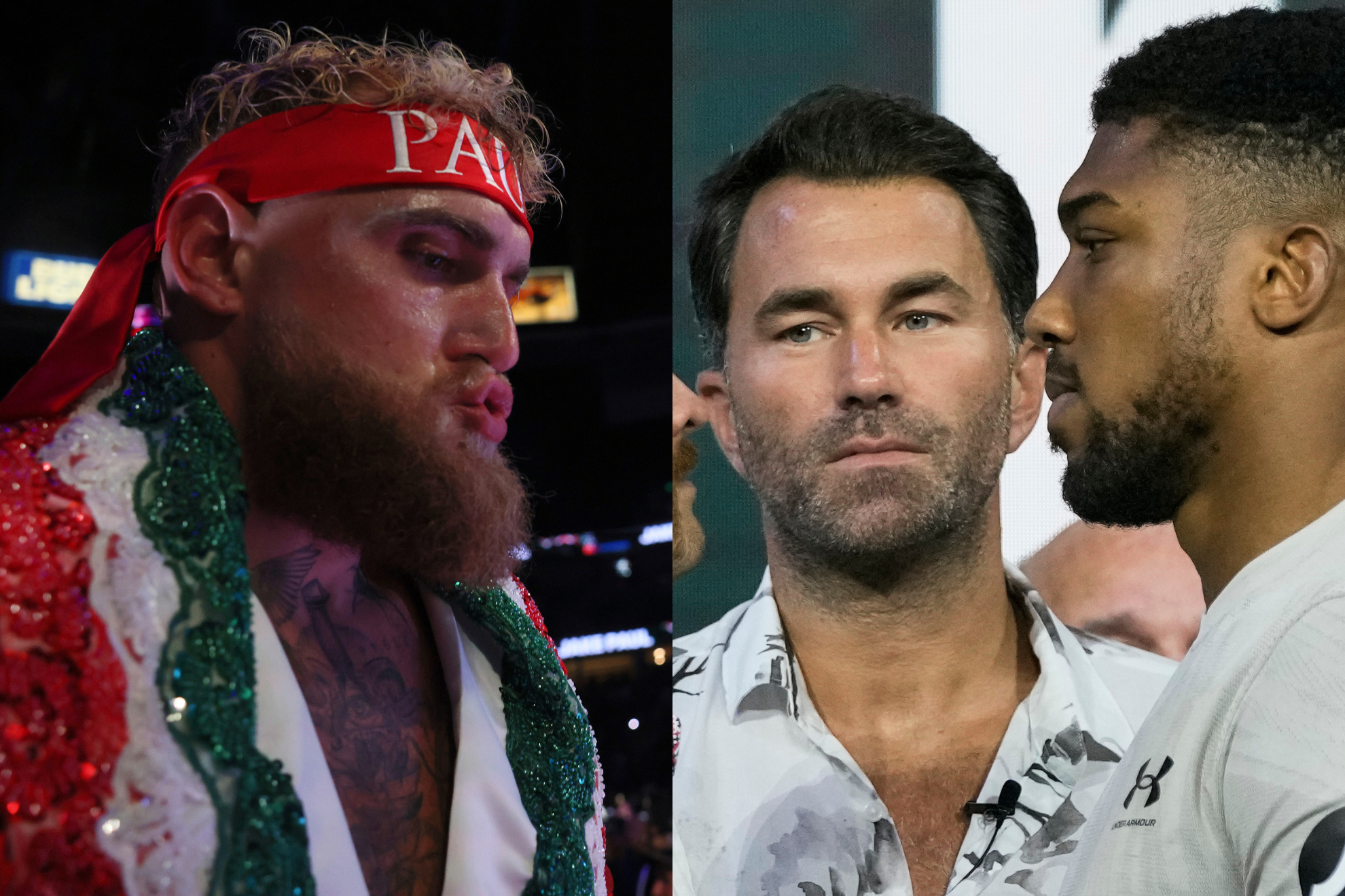 Jake Paul (left), Eddie Hearn (center) and Anthony Joshua (right).